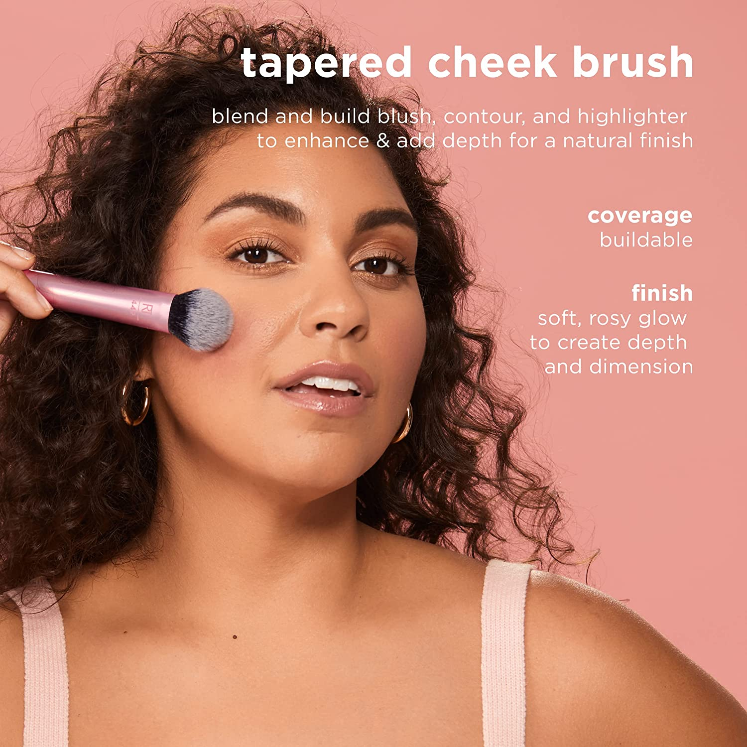 Real Techniques Tapered Cheek Makeup Brush, for Blush, Highlighter, or Loose Powder, Soft Bristles, Precise Makeup Application, Pink, Aluminum Handle, 1 Count, 4258