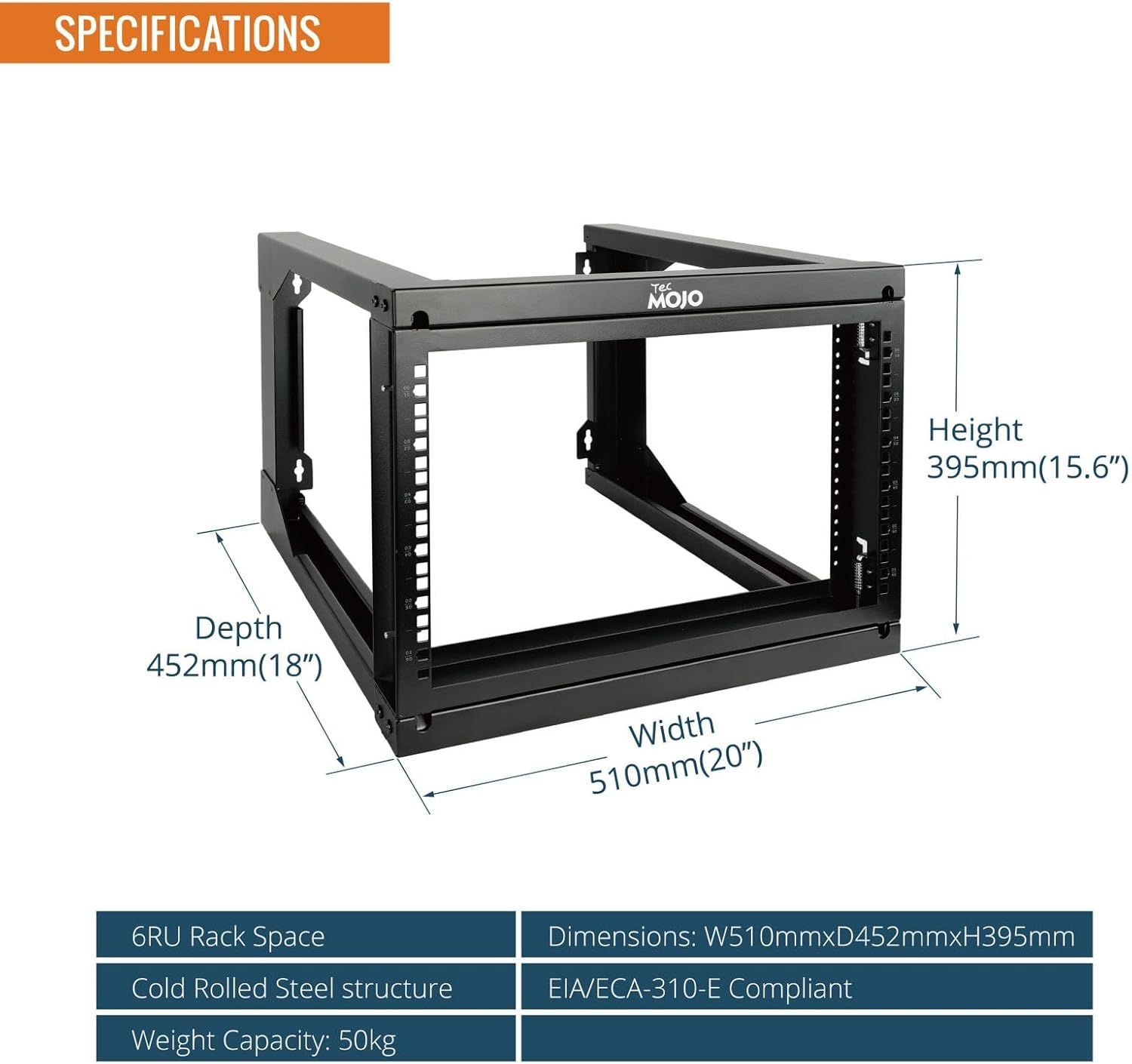 Tecmojo 2 Post 6RU Wall Mount Server Rack, 19 Inches Open Frame Server Rack with 180 Degree Swing Gate, 457 Mm Deep, for Computer/Av/Data/It/Media Equipment image number 6