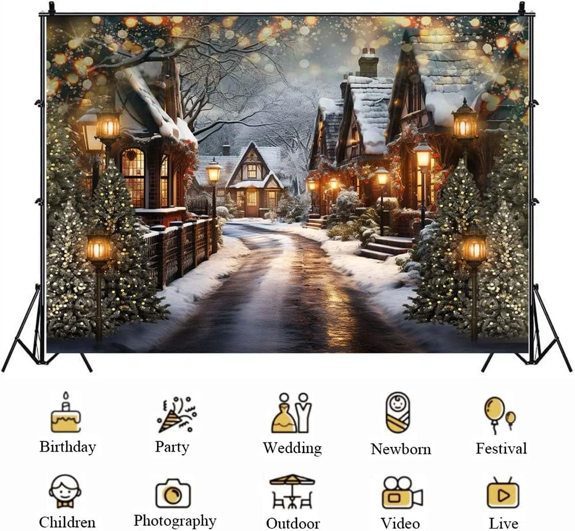 Christmas Snowy Night Background Photography Street Lights Houses Shops Christmas Trees Children Family Backdrops Winter Christmas Eve Fairytale Street Lights Snowy Scene Background,7X5Feet image number 4