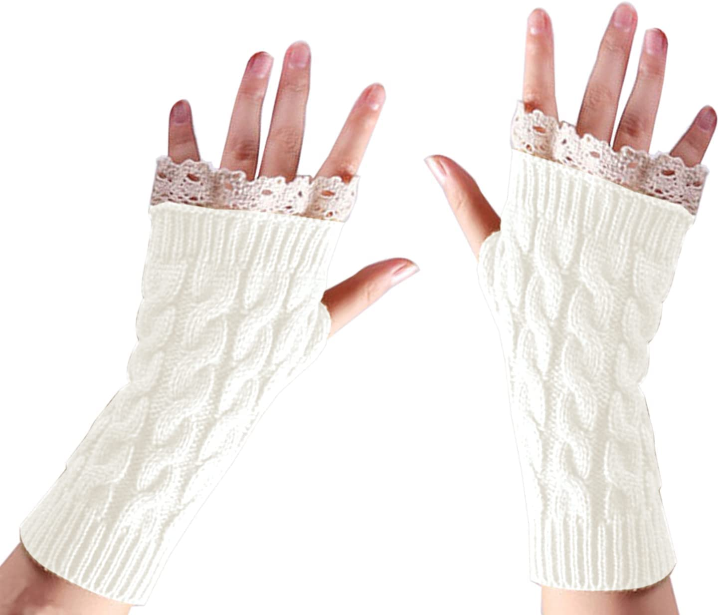 CENZICOM Women Knit Arm Warmer Winter Fingerless Thumb Hole Mitten Soft Gloves with Lace