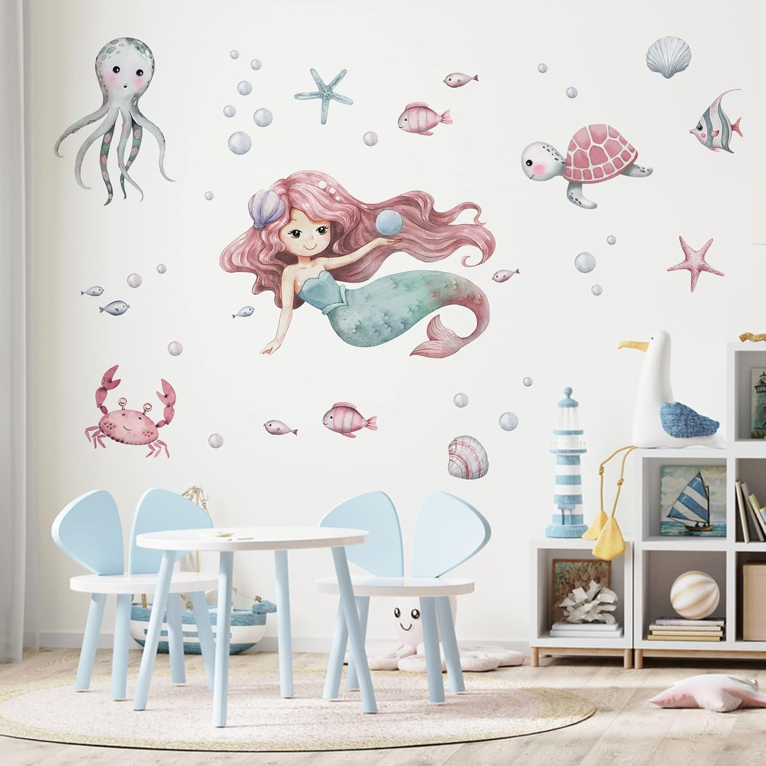 Mfault Mermaid under the Sea Wall Decals Stickers, Baby Girls Ocean Creatures Nursery Decoration Bedroom Playroom Art, Coastal Beach Octopus Turtles Shell Bubble Fish Kids Room Bathroom Home Decor image number 2