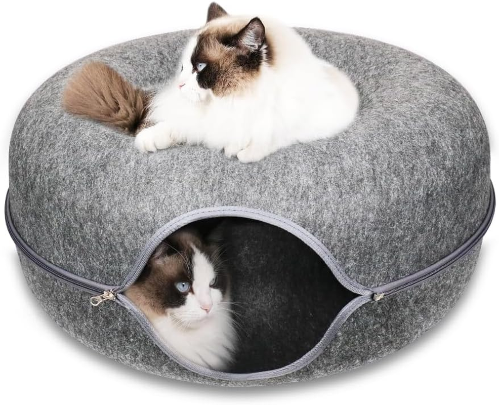 VAKA Felt Cat Cave Bed with Zipper &ndash; 59X59X29Cm Donut-Shaped Cat Tunnel Bed for Indoor Cats &ndash; Washable & Detachable Cat House for Multiple Cats, Dark Grey