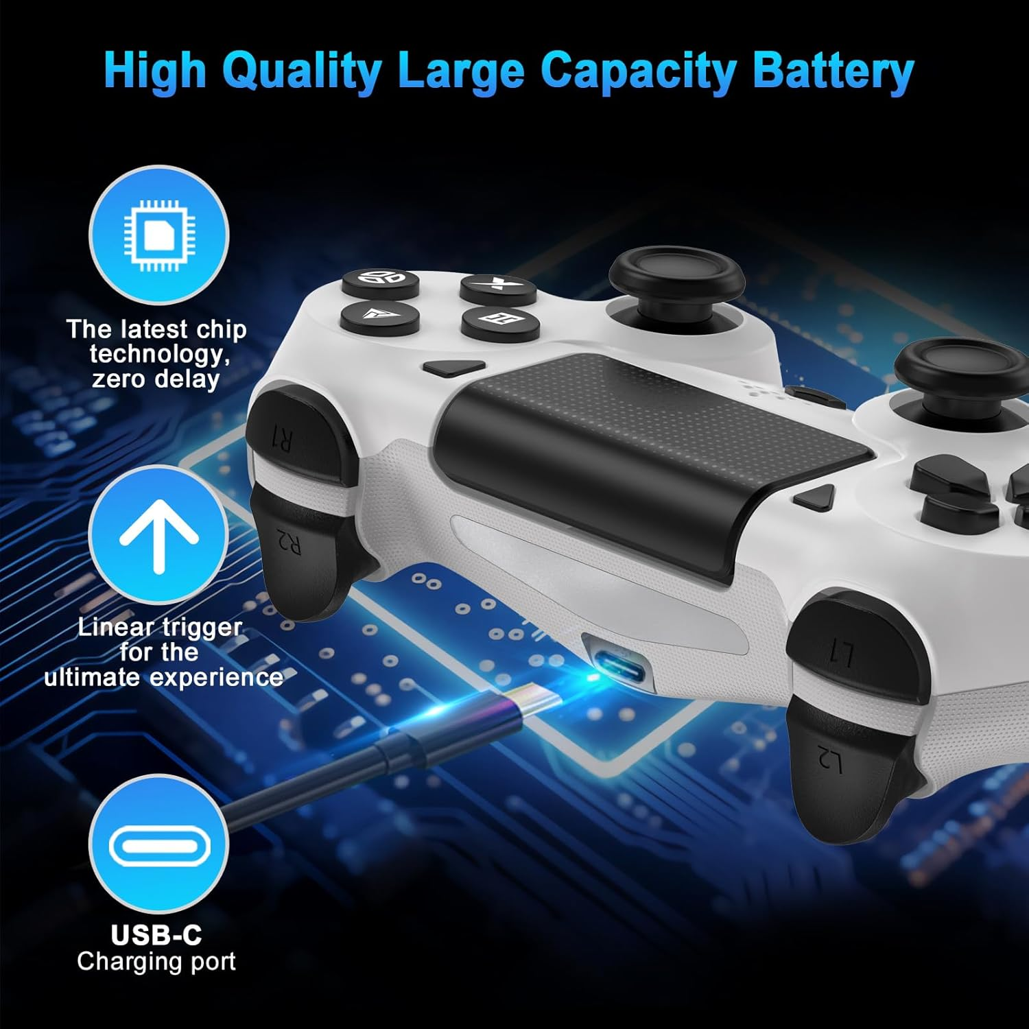 DYONDER Wireless PS4 Controllers for Ps4/Pro/Slim & PC &ndash; 1000Mah Battery, 6-Axis Motion Sensor, Audio Jack (White)