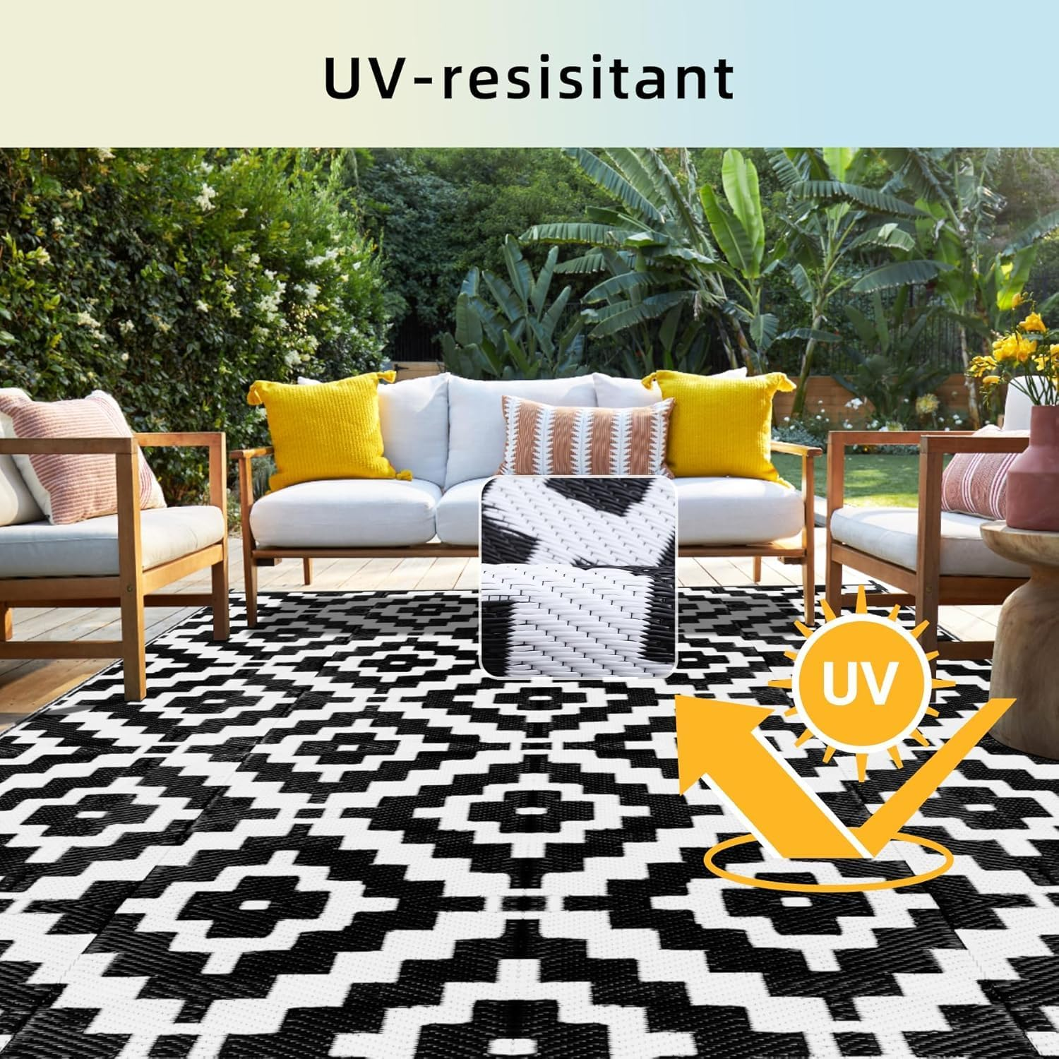 Outdoor Rug, 5X8 Ft Waterproof Reversible Patio Plastic Straw Rugs, for Decor Clearance outside Large RV Camping Area Carpet Mat for Porch Deck Balcony Pool Backyard Picnic Beach Camper Door (Black) image number 3