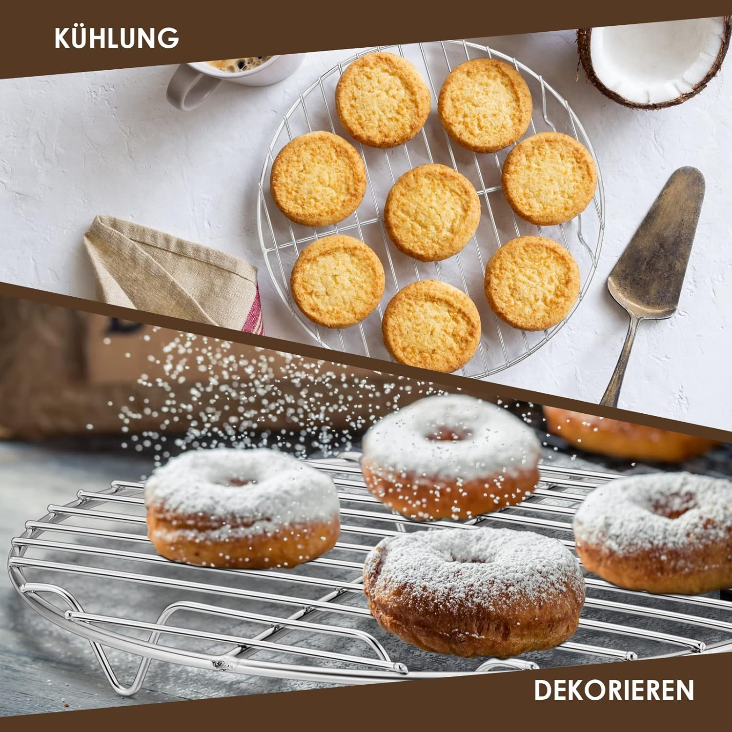 Herogo Cake Rack, Pack of 2 Cake Rack, Cooling Rack Made of Stainless Steel, round Cooling Rack for Cooling, Baking, Cooking, Steaming, Rustproof & Smooth Edge, Oven and Dishwasher Safe, Metal Silver, Diameter 23 Cm image number 2