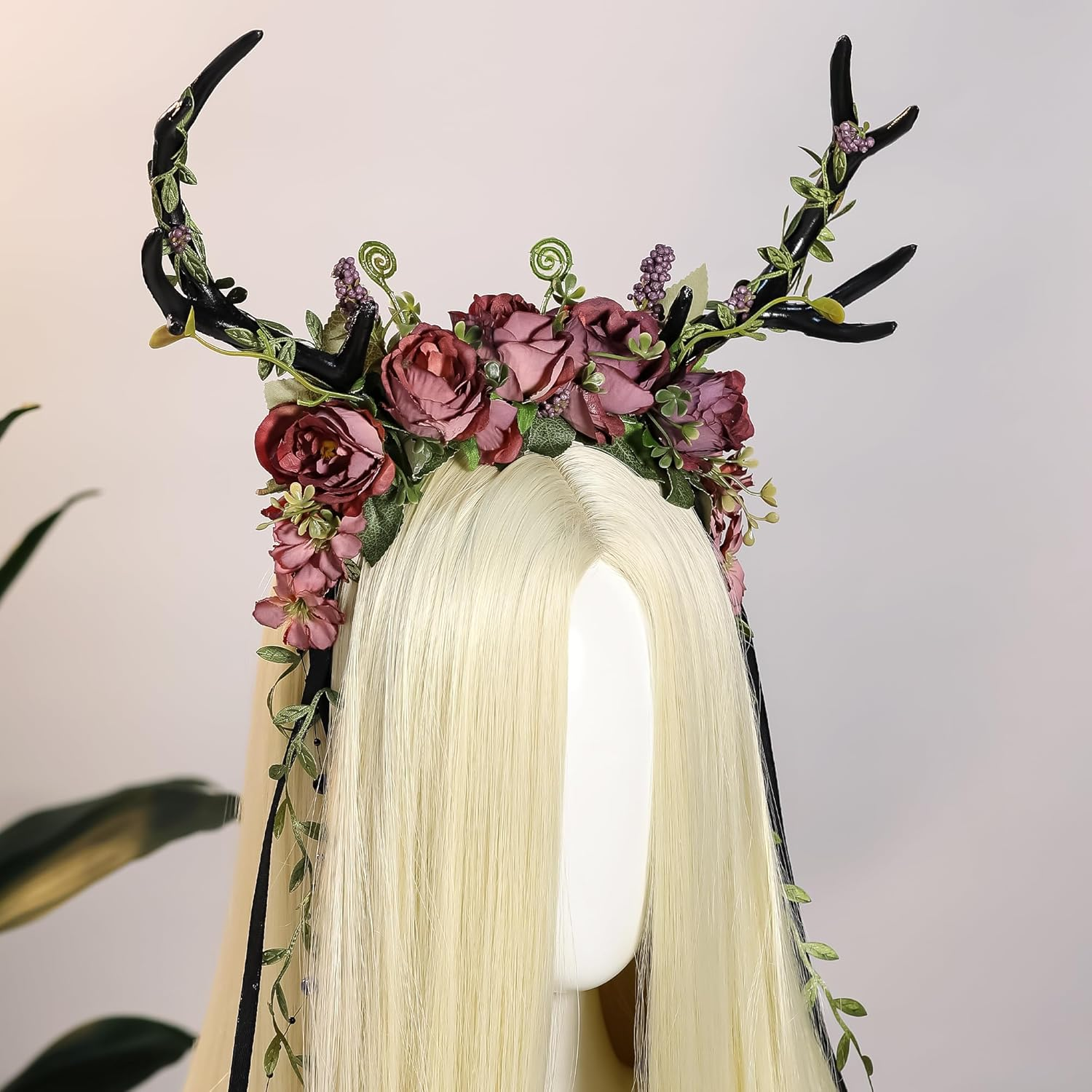 MOSTORY Flower Reindeer Headband for Women - Floral Antler Headpiece Woodland Deer Horns Hairband for Renaissance Cosplay - Black-Red image number 6