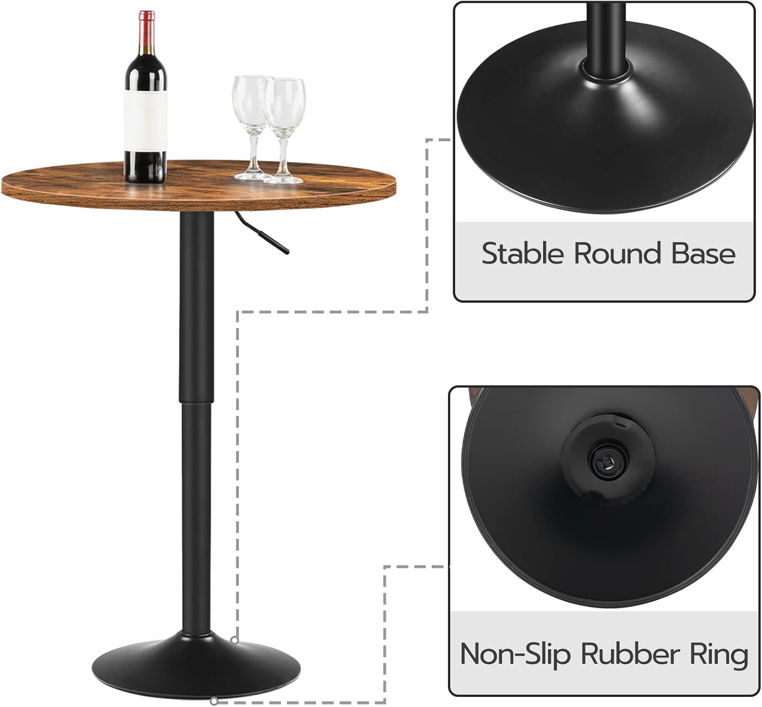 HOOBRO Bar Table, Height-Adjustable round Dinning Table, Cocktail Table with Base, Modern Style, Suitable for Living Room, Dining Room, Bistro, Rustic Brown BF58BT01G1 image number 6