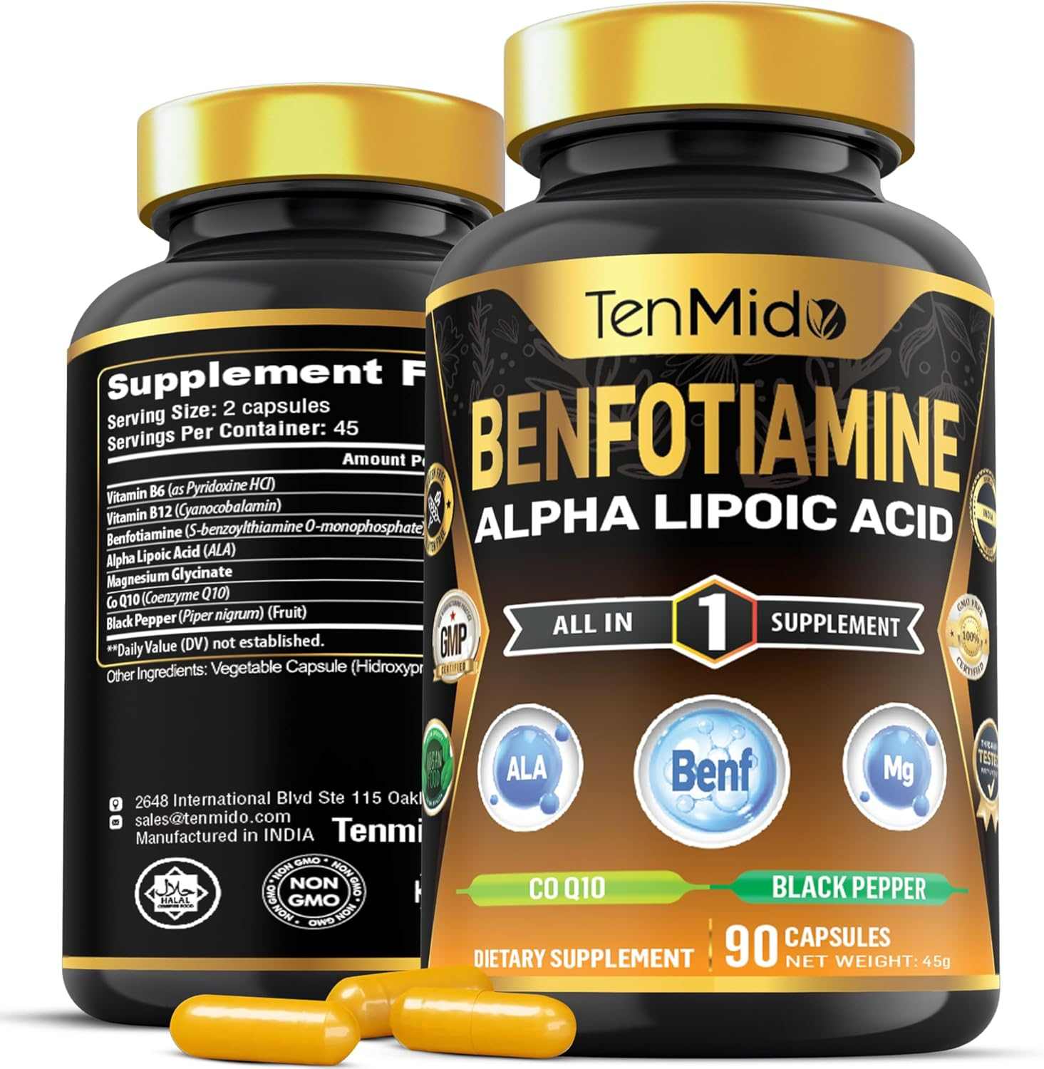 Benfotiamine with Alpha Lipoic Acid (ALA), Coq10, Magnesium Glycinate & B-Complex Supplements - High Absorption - 90 Vegan & Non-Gmo Capsules image number 2