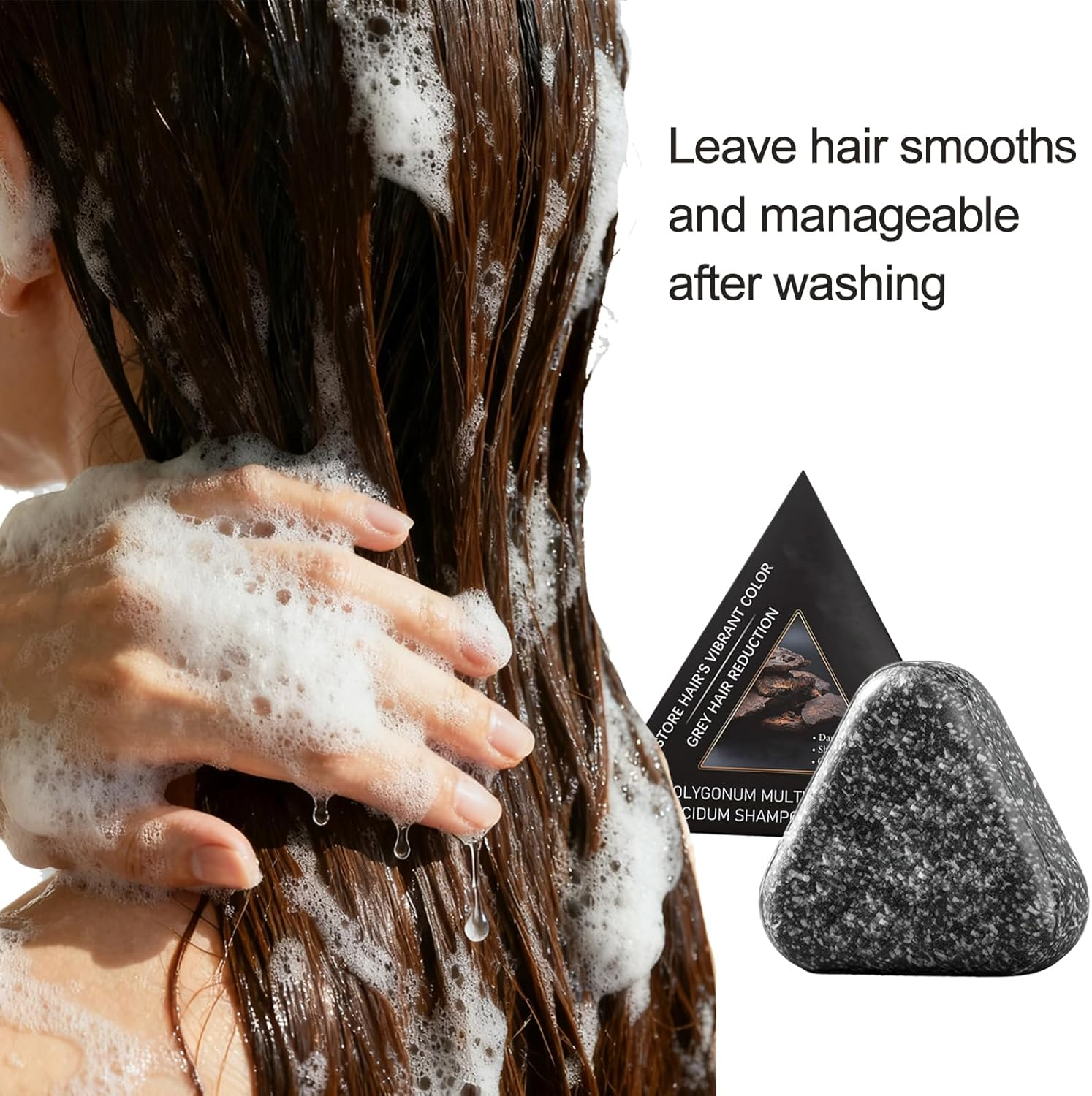 Black Triangular Polygonum Multiflorum Shampoo Bar - Moisturizing & Strengthening | Gentle Cleansing for All Hair Types, Long-Lasting & Travel-Friendly (1Pcs) - 1Pcs image number 6