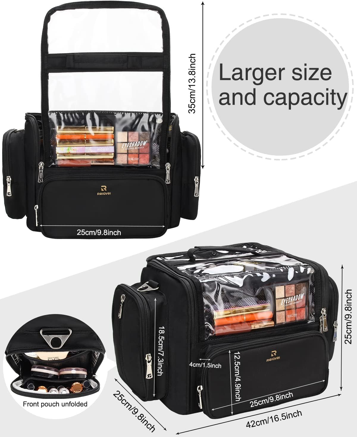 Makeup Brush Bag, Clear Makeup Brush Holder with Lid, Extra Large Capacity Travel Cosmetic Bag Makeup Artist Must Haves, Black Makeup Case, Make up Organizers and Storage, with Adjustable Dividers