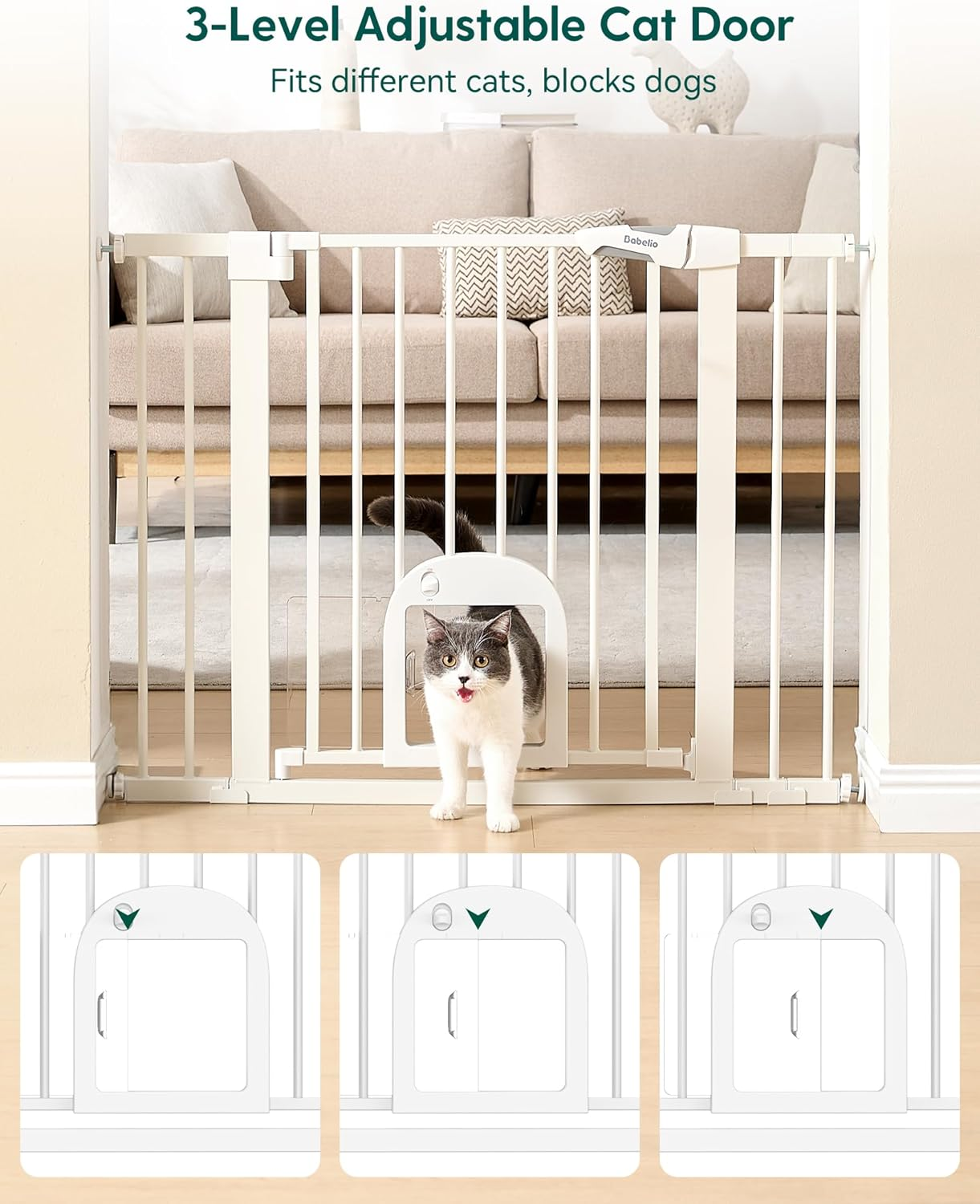 Babelio Upgraded Baby Gate with Cat Door, 73.7-109 CM Auto Close Durable Dog Gate for Stairs, Doorways and House, Easy Walk Thru Safety Gate with Pet Door Includes 4 Wall Cups, White image number 3