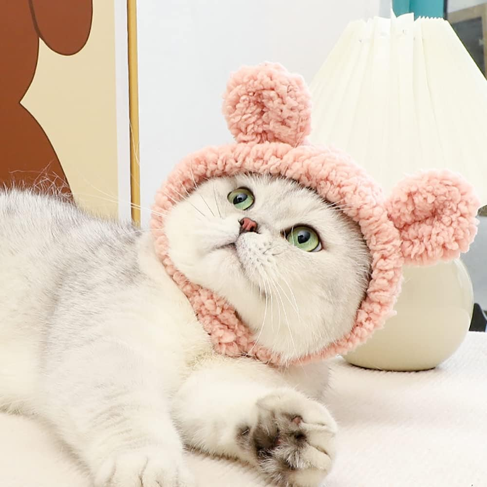 JOICEE Cute Cat Costume Warm Bear Hat for Cats Adjustable Soft Small Pet Headwear Bear Hat for Cat Puppy Dog (Pink) - Avocado Color image number 4
