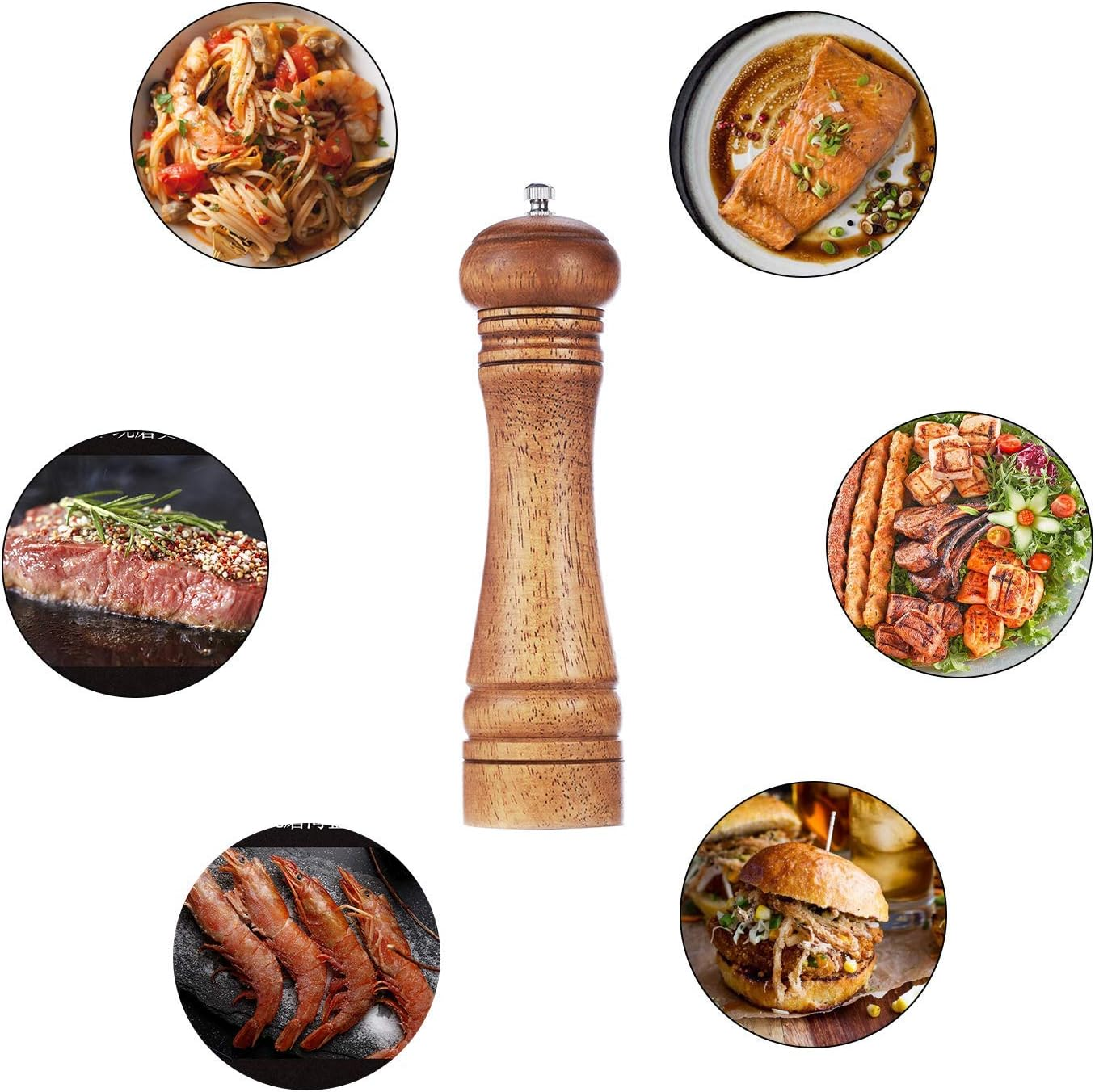 Wood Pepper Grinder Pepper Mill,Adjustable Coarseness 8 Inch Wooden Peppermill, Ceramic Grinding Mechanism Salt Mill Refillable (1 Pack)