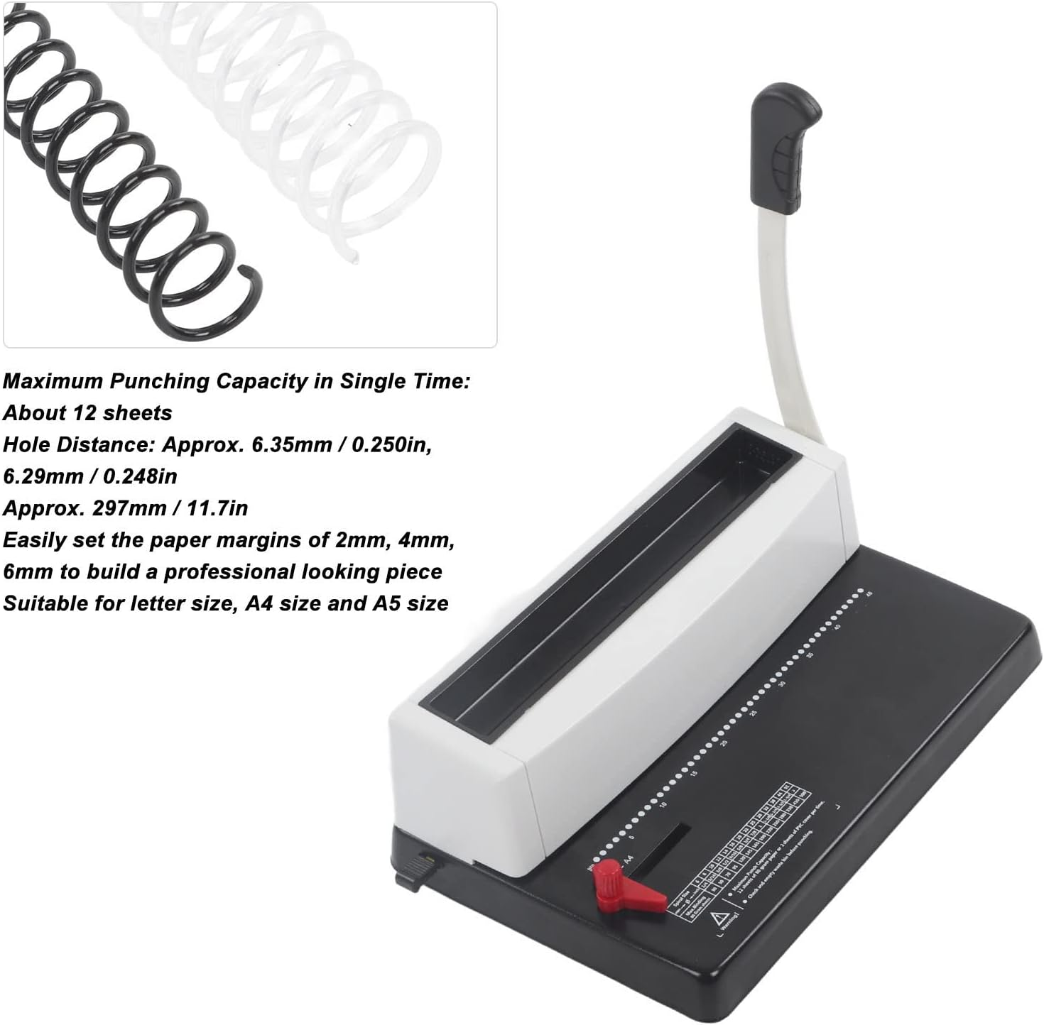 Coil Spiral Binding Machine, Humanized Handle, 12 Sheet Punch Capacity, Adjustable Margin A4 A5 Letter Size Suitable for Letter Size, A4, A5 image number 4