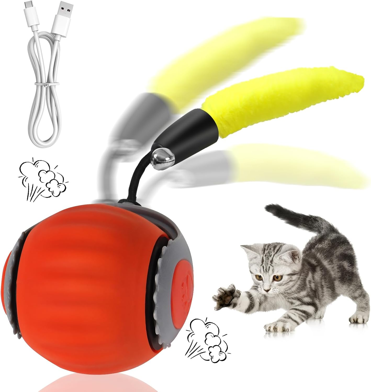 Gravity Cat Toy Spike Ball Upgrade 2.0 Interactive Cat Ball Toy with Feather Tail, Motion Activated Automatic Rolling Smart Cat Toys for Indoor Cats, USB Rechargeable Cat Ball,Orange image number 2