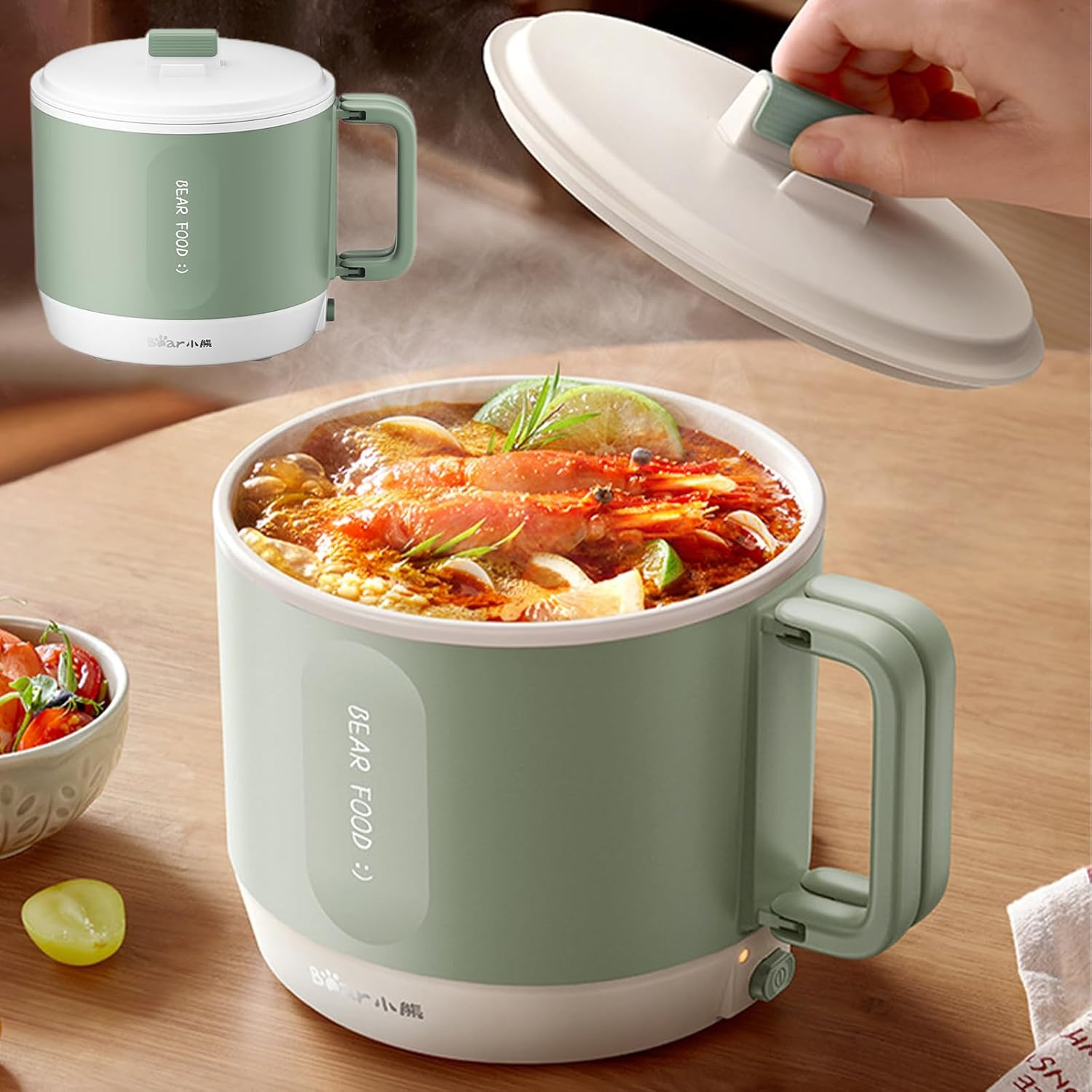 Bear Electric Hot Pot, 1.2L Ramen Cooker, Mini Portable Multi-Functional Lazy Pot for Pasta, Noodles, Egg, Soup, Non-Stick Noodle Cooker with Boil Dry Protection for Dorm, Office (Green) image number 4