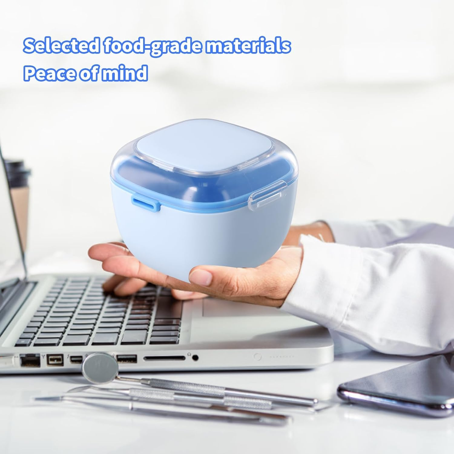 Denture Case, Portable Denture Box for Soaking Cleaning, Retainer Case with Rinsing Basket, False Teeth Storage Container, Retainers, Clear Braces image number 5
