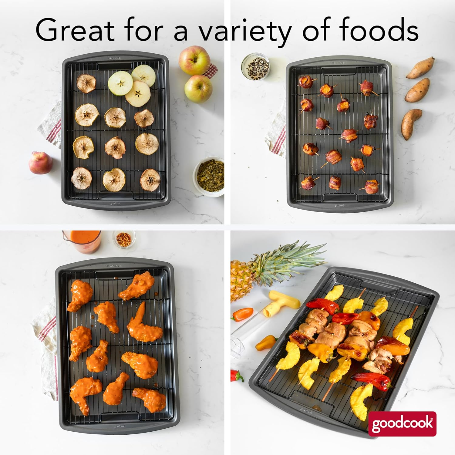 Goodcook 15&rdquo; X 10.5&rdquo; Nonstick Carbon Steel Baking Pan & Raised Wire Rack &ndash; Pizza Crisper, Crispy Bacon, Multipurpose Cooking Sheet Pan, Cooling Rack, Kitchen Cookware Set, Dishwasher Safe image number 4