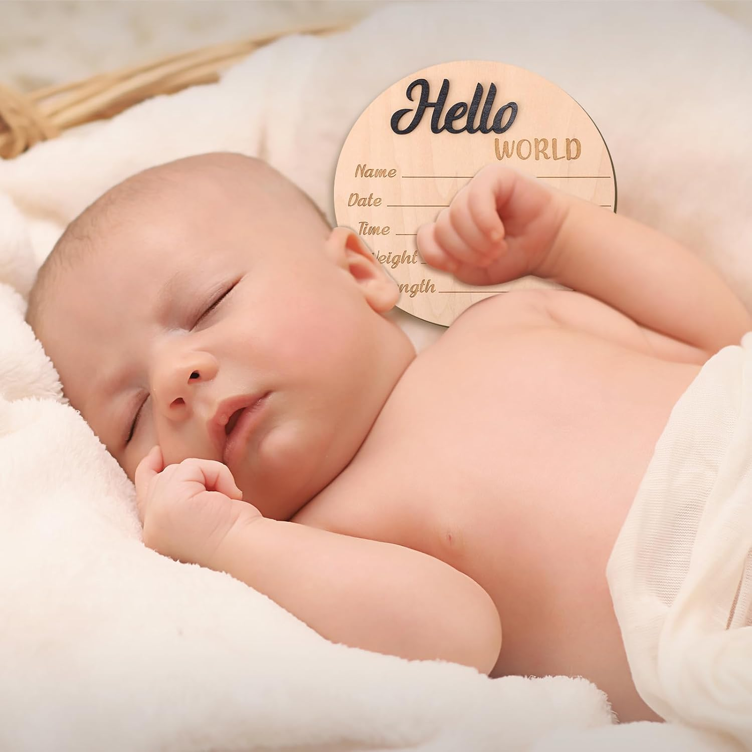 Baby Announcement Sign, Wooden Hello World Newborn Welcome Sign Baby Name Plaque Birth Announcement Sign for Photo Props Baby Shower Hospital Nursery image number 1