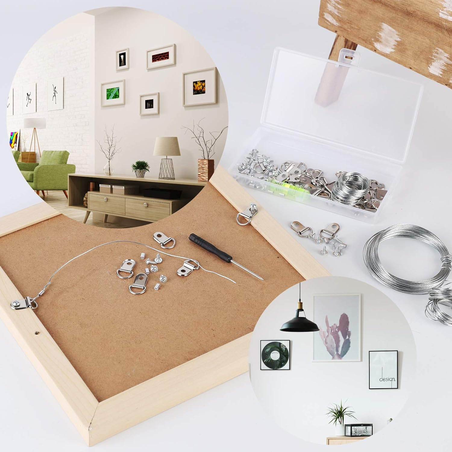 131 Pcs Picture Hanging Kit,100Ft Stainless Steel Picture Frame Wire Heavy Duty with D Ring Hangers and Crimping Sleeves Rope for Wall Art and Picture Hanging Wire image number 1