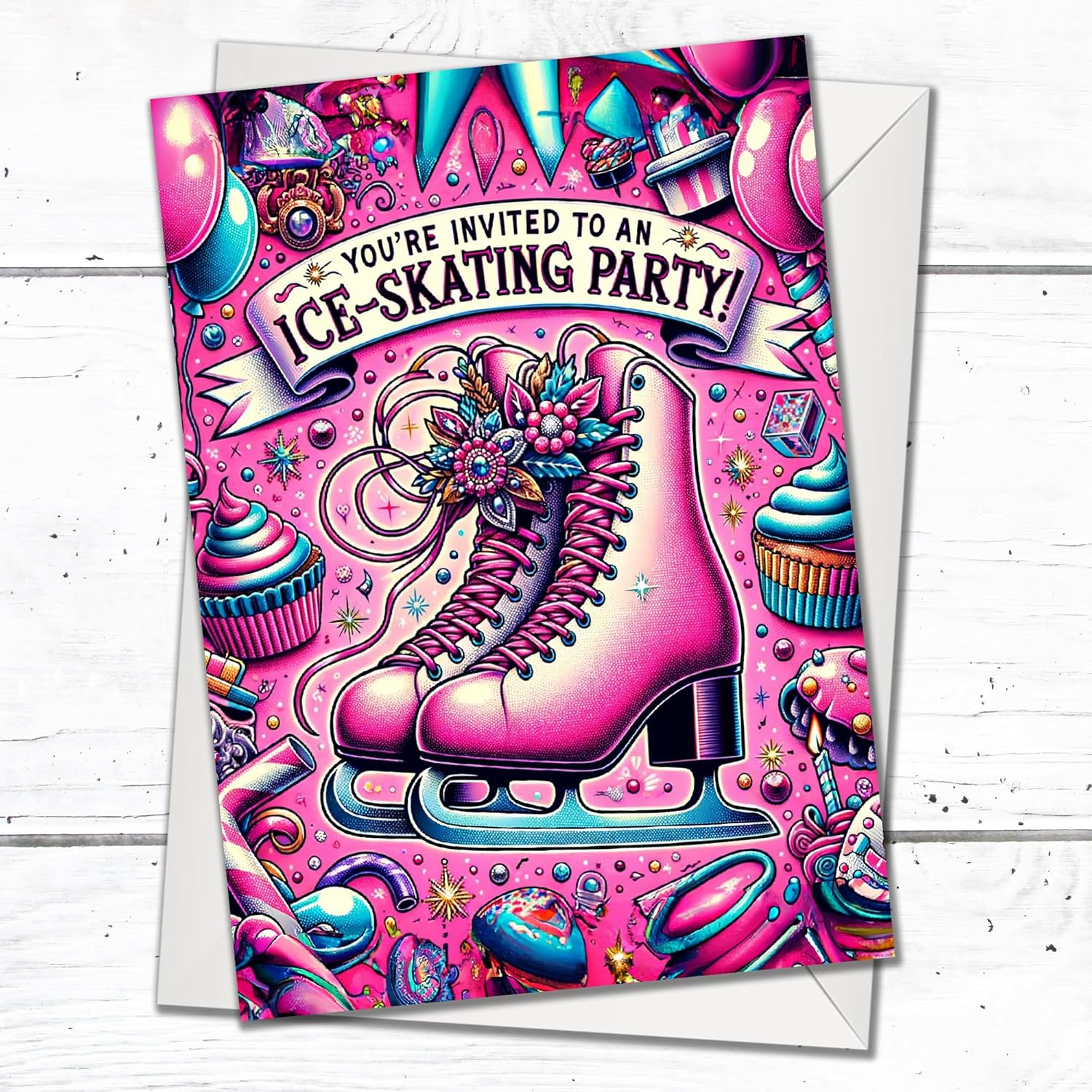 PACK 20 Ice Skating Party Invitations with Envelopes &ndash; Artistic Pink Designs &ndash; Double Sided Cards &ndash; Designed and Printed in the UK