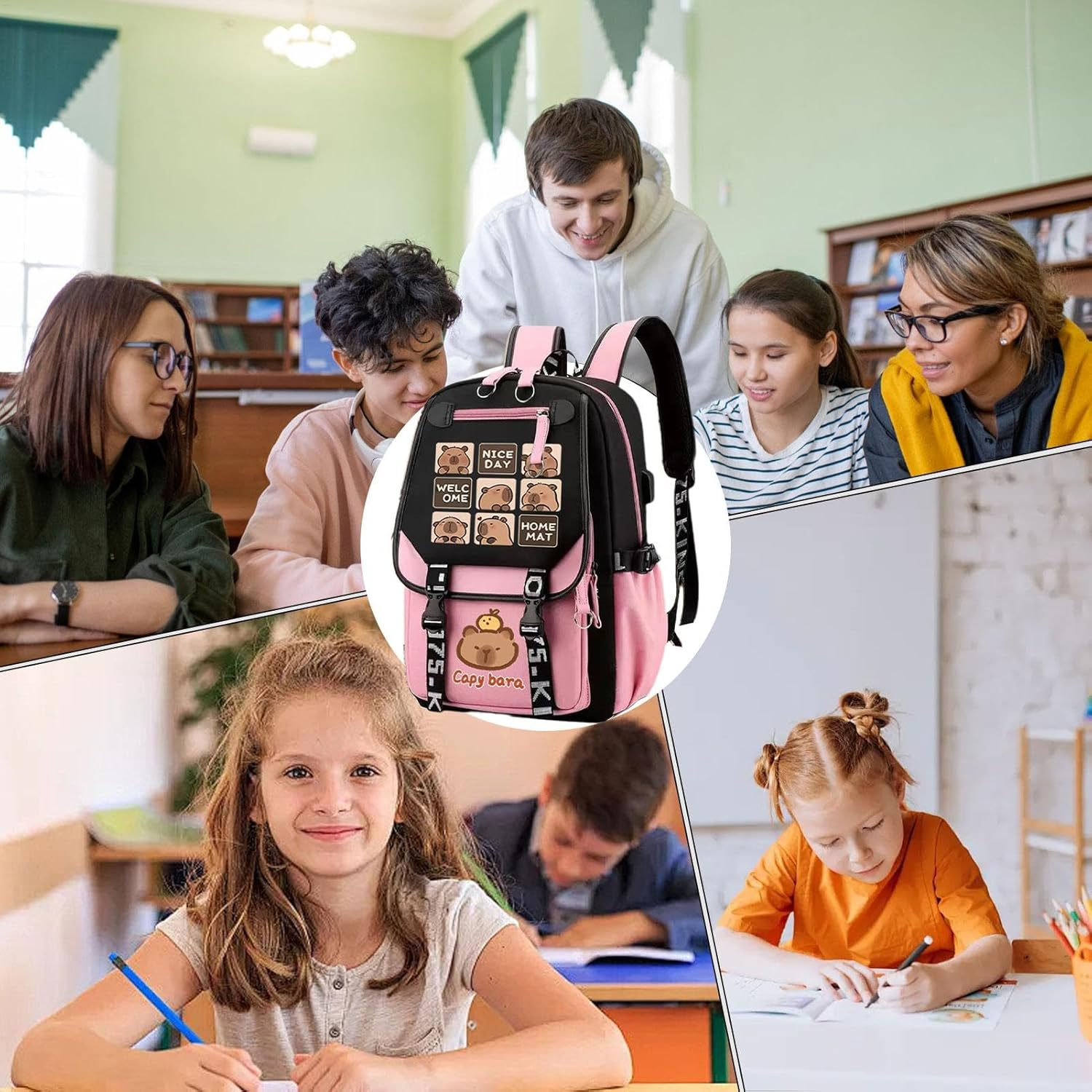 Cute Capybara Backpack, 18" Large Capacity School Backpack Cute Capybara Backpack, Capybara Daypack for Girls Teens Students Causal Rucksack with Pencil Case Badge Pen Keychain Sticker Plush Pendant image number 3