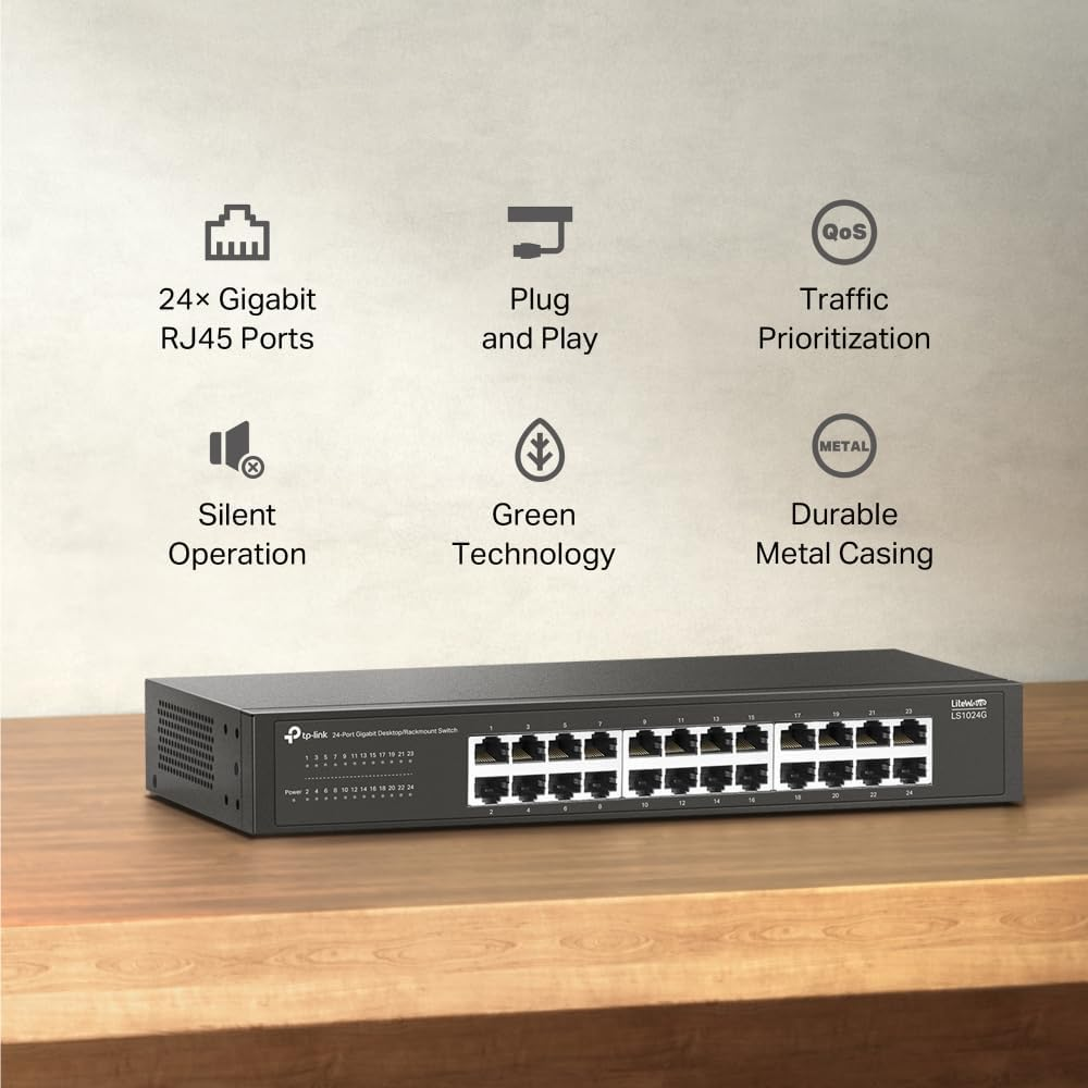 Tp-Link 24-Port Gigabit Desktop/Rackmount Switch, MAC Address Self-Learning, Auto MDI/MDIX, Auto Negotiation, Qos, Fanless Design, Energy-Efficient Technology, Plug & Play, Metal Case(Ls1024G) image number 5