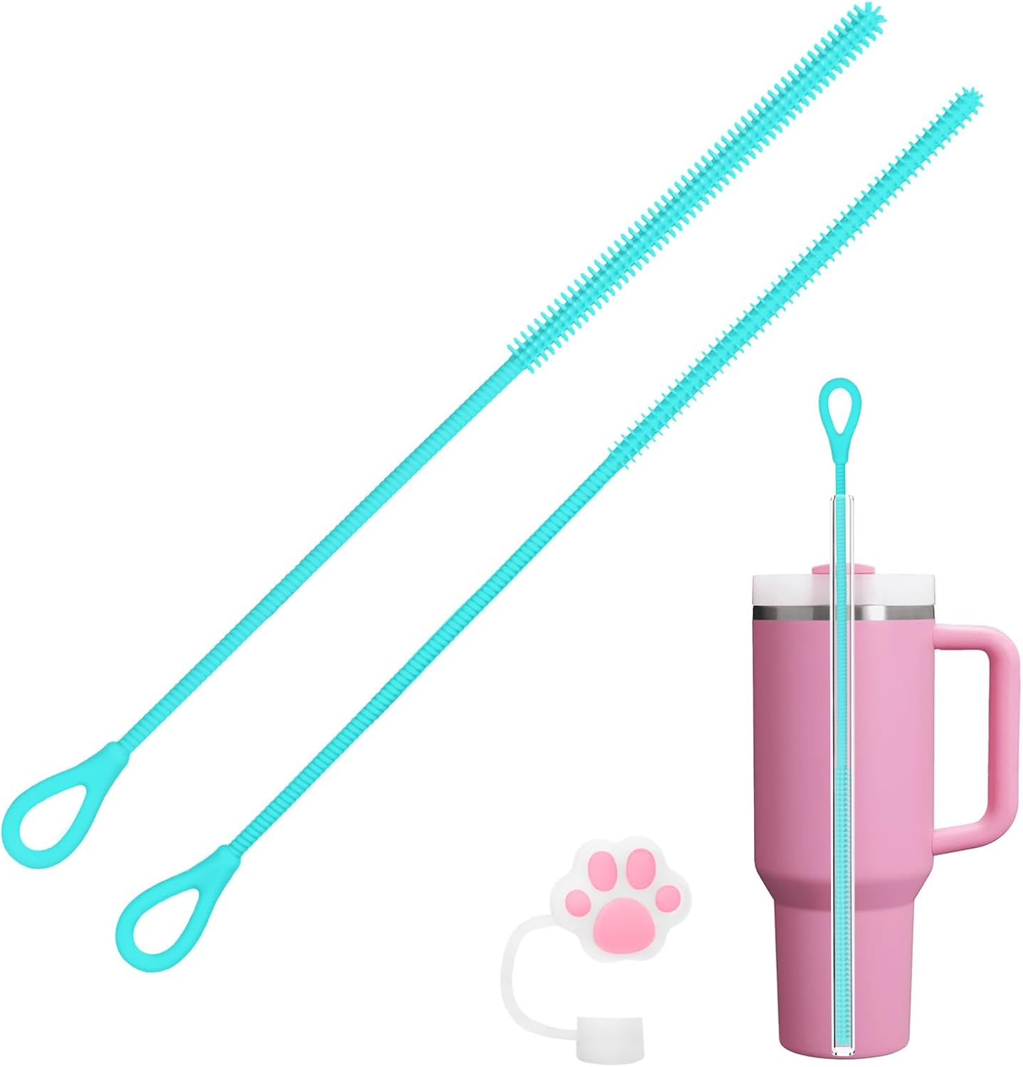 AYESY Silicone Straw Brush, 2Pcs 9.84In Extra Long Straw Cleaning Brush, Non-Slip Handle, Reusable Bendable Cleaning Tool for Cleaning Glass Metal Straws, 9Mm&6Mm