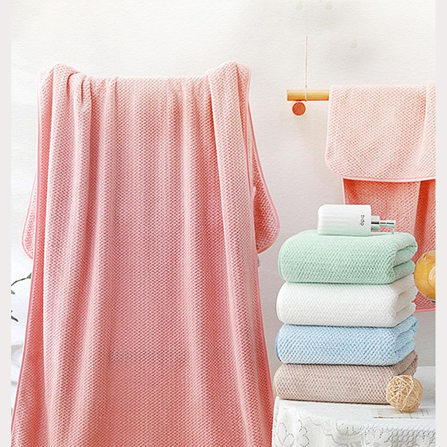 2 PCS Soft Coral Fleece Towel Set for Home Use, 2 Pack Face Wash Hair Dry Quick-Drying Unisex Solid Color Towels, Pineapple Grid Yellow + Pineapple Grid Pink, Durable and Absorbent image number 1