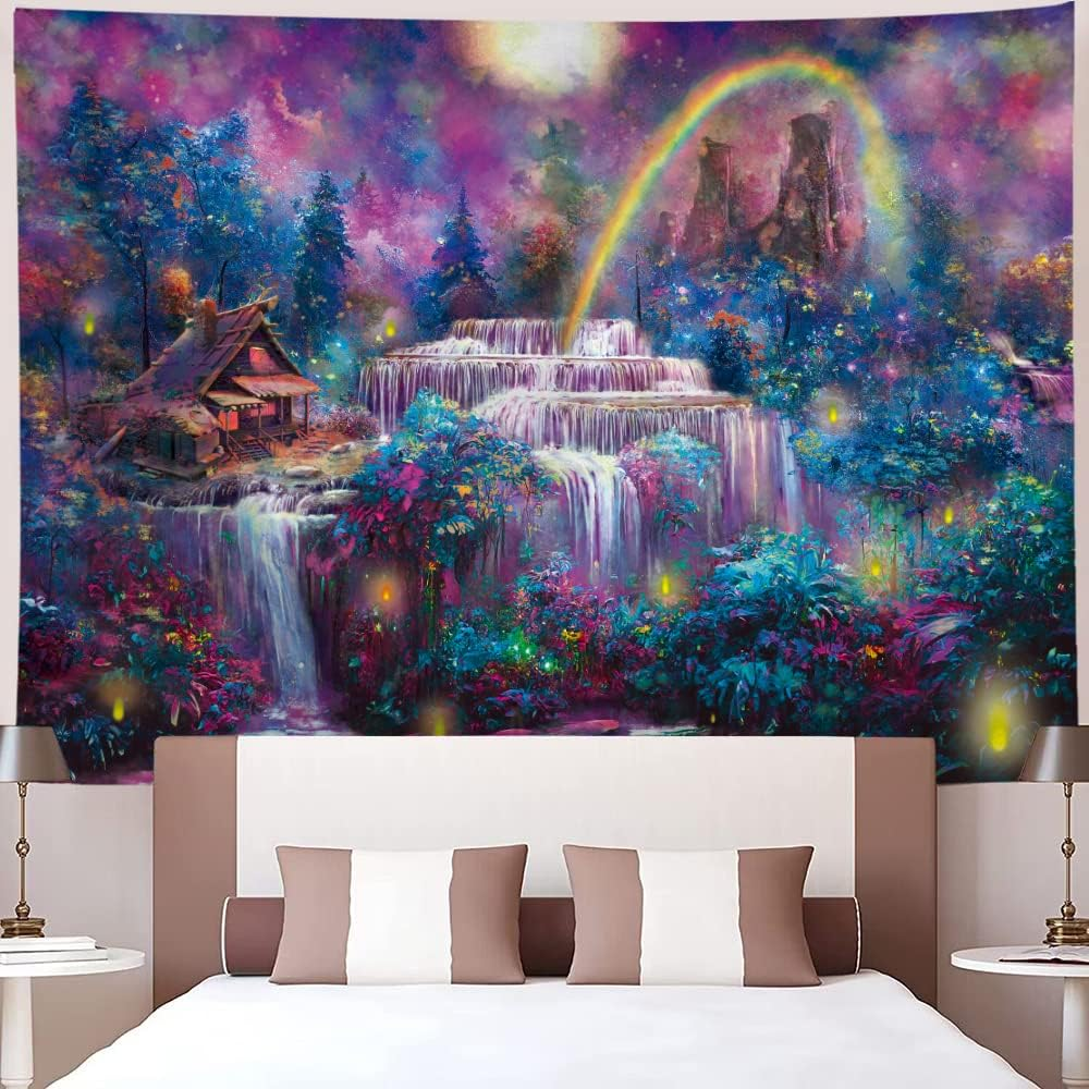 Wonrizon Blacklight Fantasy Forest Tapestry, Waterfall Rainbow Misty Jungle Plants Tapestries UV Reactive Wall Hanging Glow in the Dark Nature Landscape Decor for Bedroom Living Room (Waterfall image number 6