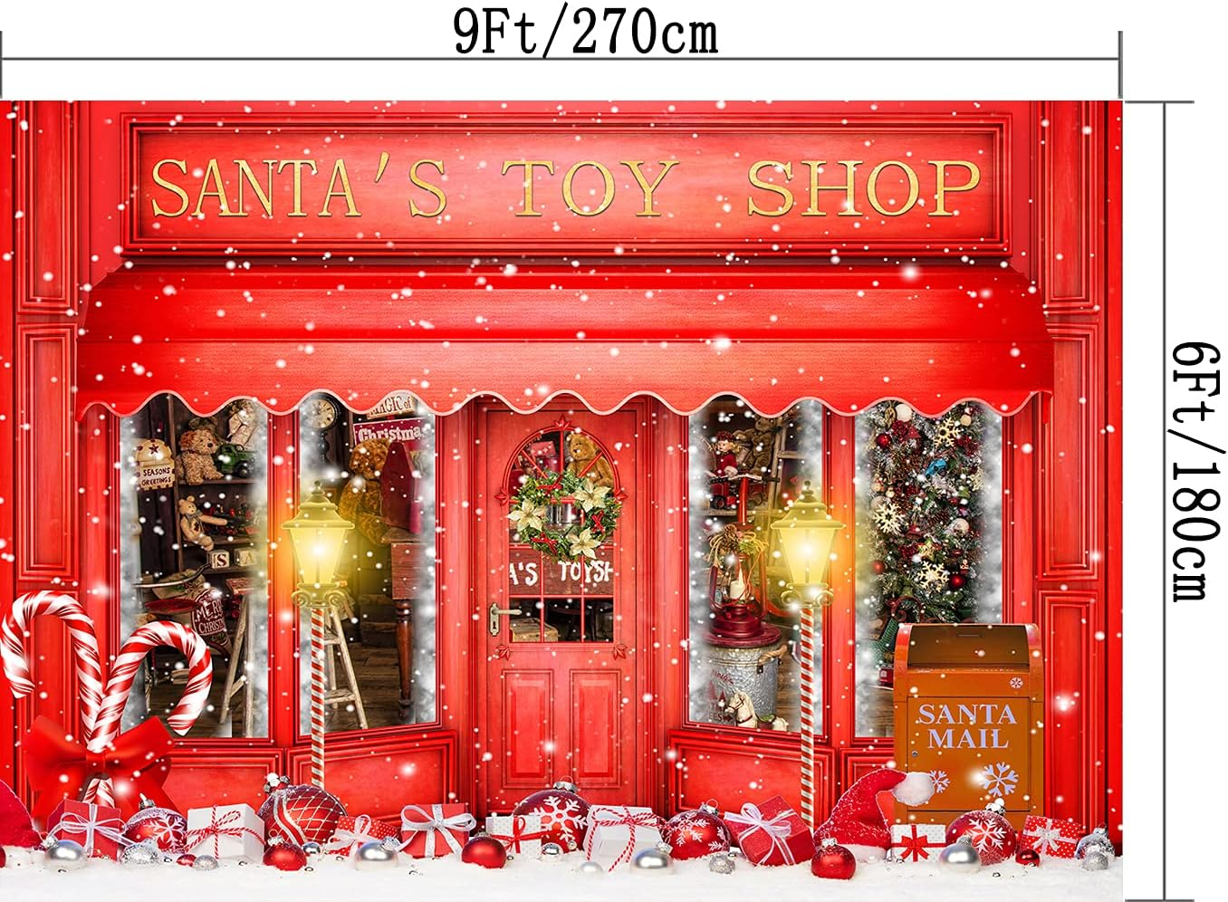 Red Christmas Photo Backdrop Santa'S Toy Shop Candy Cane in Snow World Xmas Family Holiday Party Banner Photography Background Supplies Decor Studio Prop PGT673B 9X6Ft image number 1