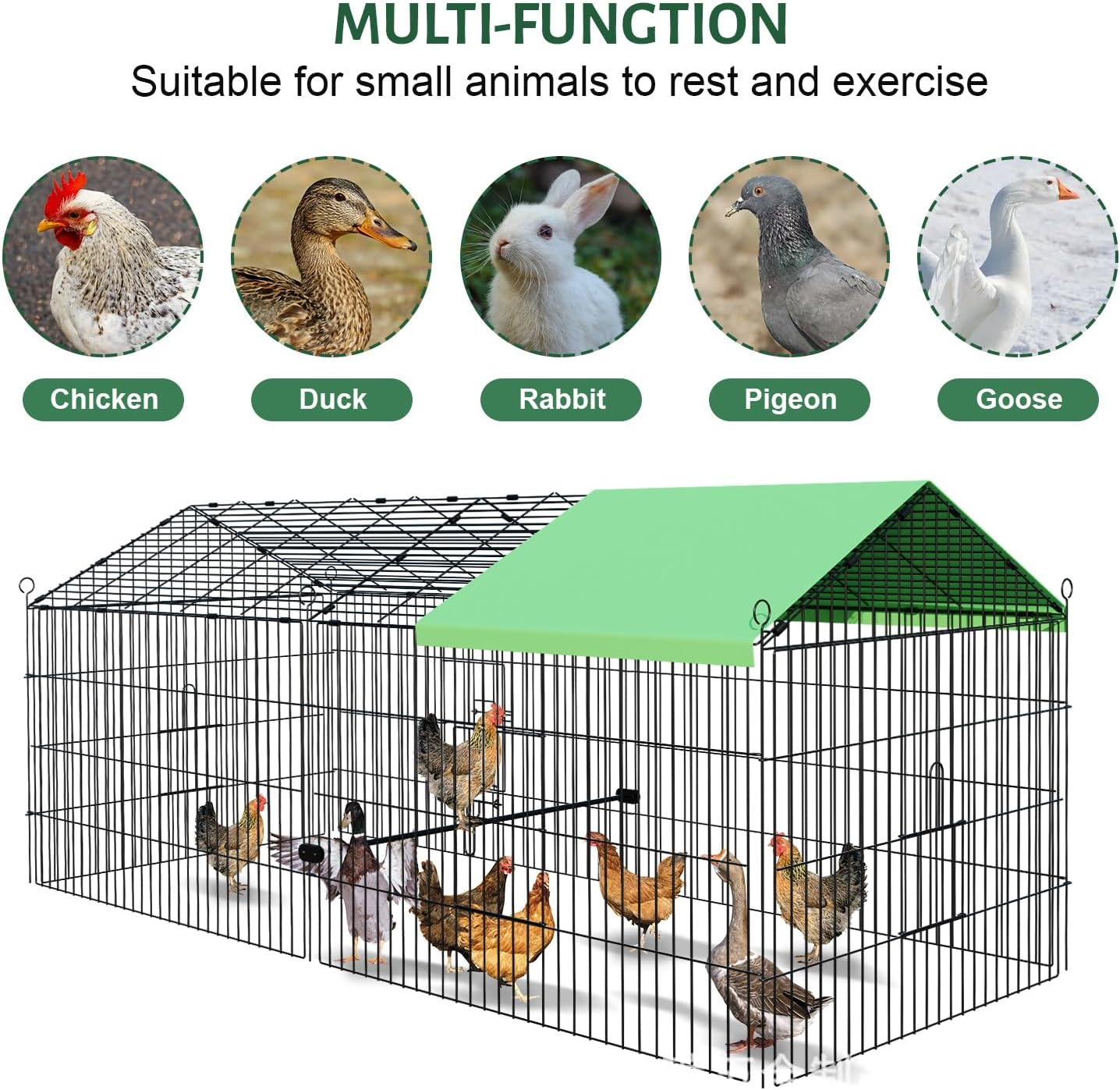 Chicken Coop, 180CM&times;76CM Foldable Outdoor Backyard Metal Coop Chicken Cage with Cover, Chick Tractor Cage Enclosure Crate, outside for Small Animals Duck Rabbit Hen Cat Crate Playpen Exercise Pen image number 6