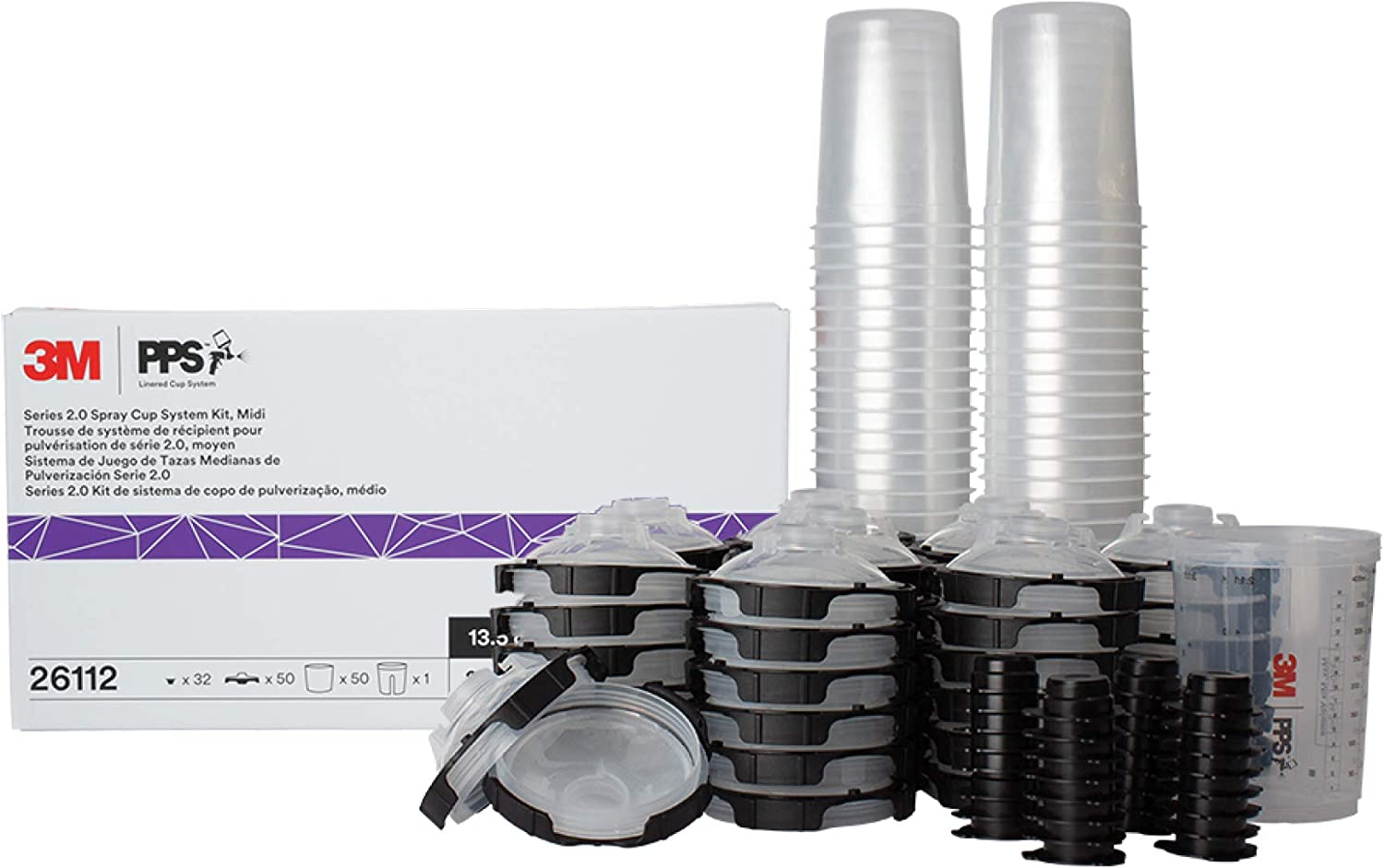 3M PPS 2.0 Spray Gun Cup, Lids and Liners Kit, 26114, Mini, 6 Ounces, 200-Micron Filter, Use for Cars, Furniture, House and More, 1 Paint Cup, 50 Disposable Lids and Liners, 32 Sealing Plugs, White - 13.5 Oz (Midi)