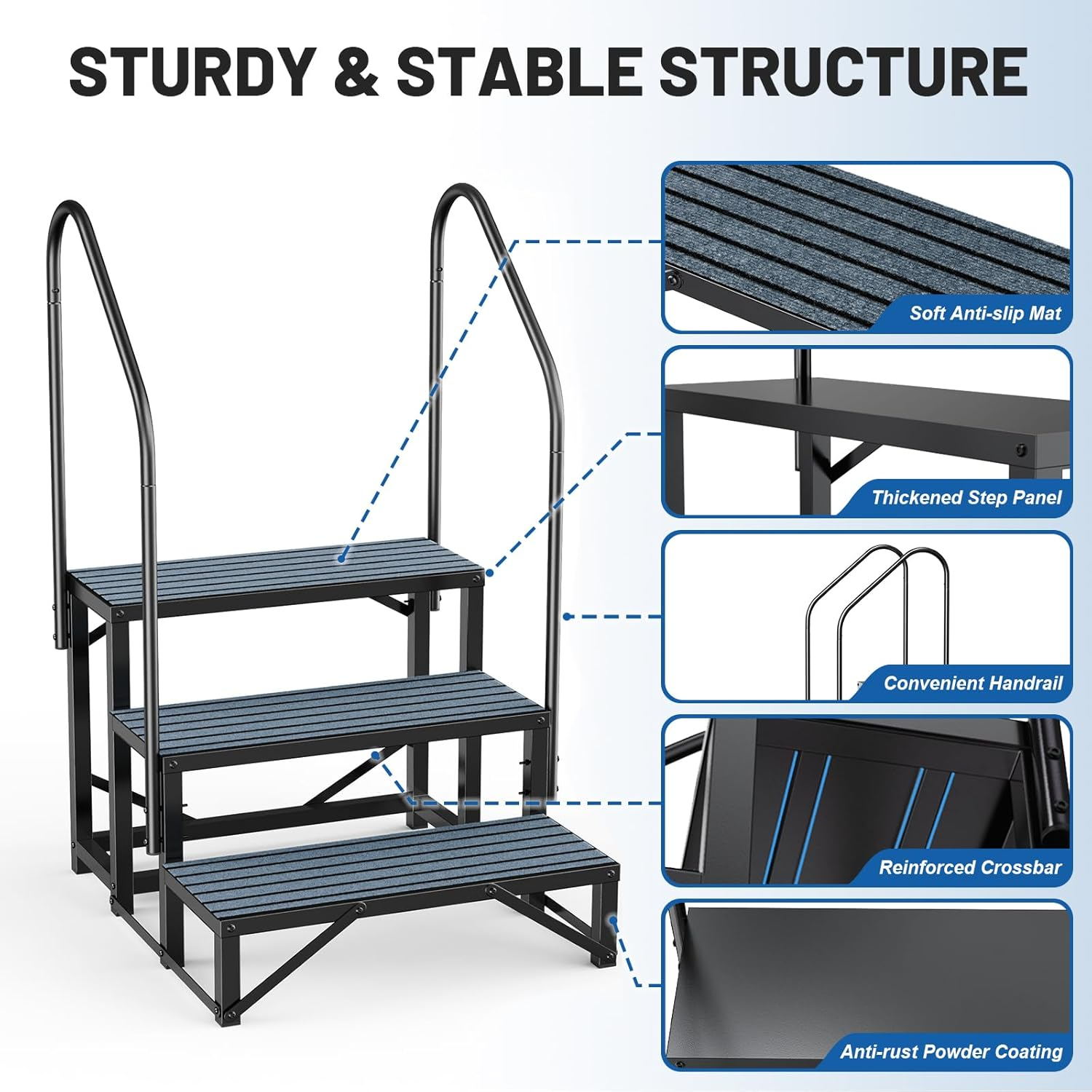 RV Steps Spa Steps with Handrail - 3 Step Hot Tub Steps Trailer Steps Mobile Home Stairs for 5Th Wheel RV, Trailer, Hot Tub, Pool, Porch with Non-Slip Mats image number 3