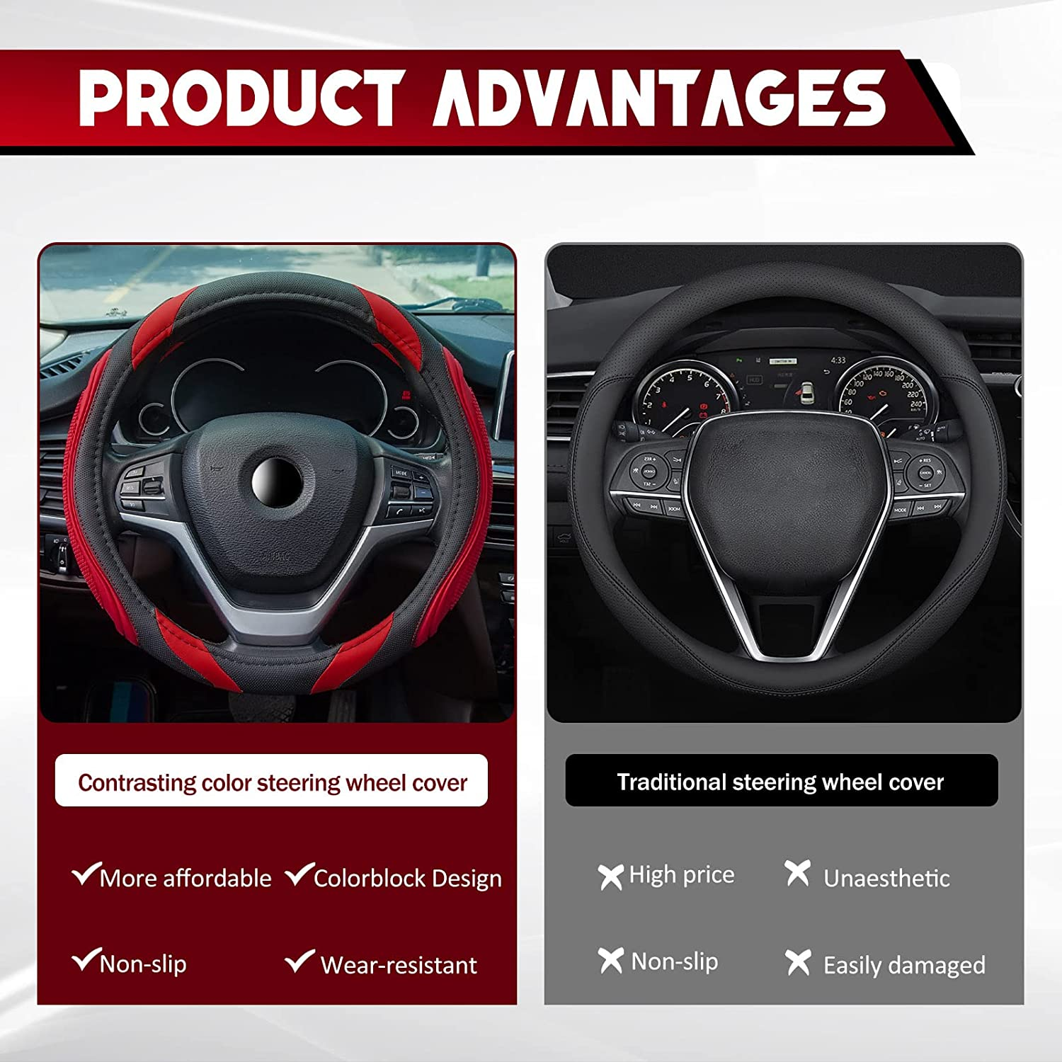 XCBYT Steering Wheel Cover - 14.5-15 Inch Car Microfiber Leather Steering Wheel Wrap Black Red Sports Fan Design Non-Slip for Man Women image number 4