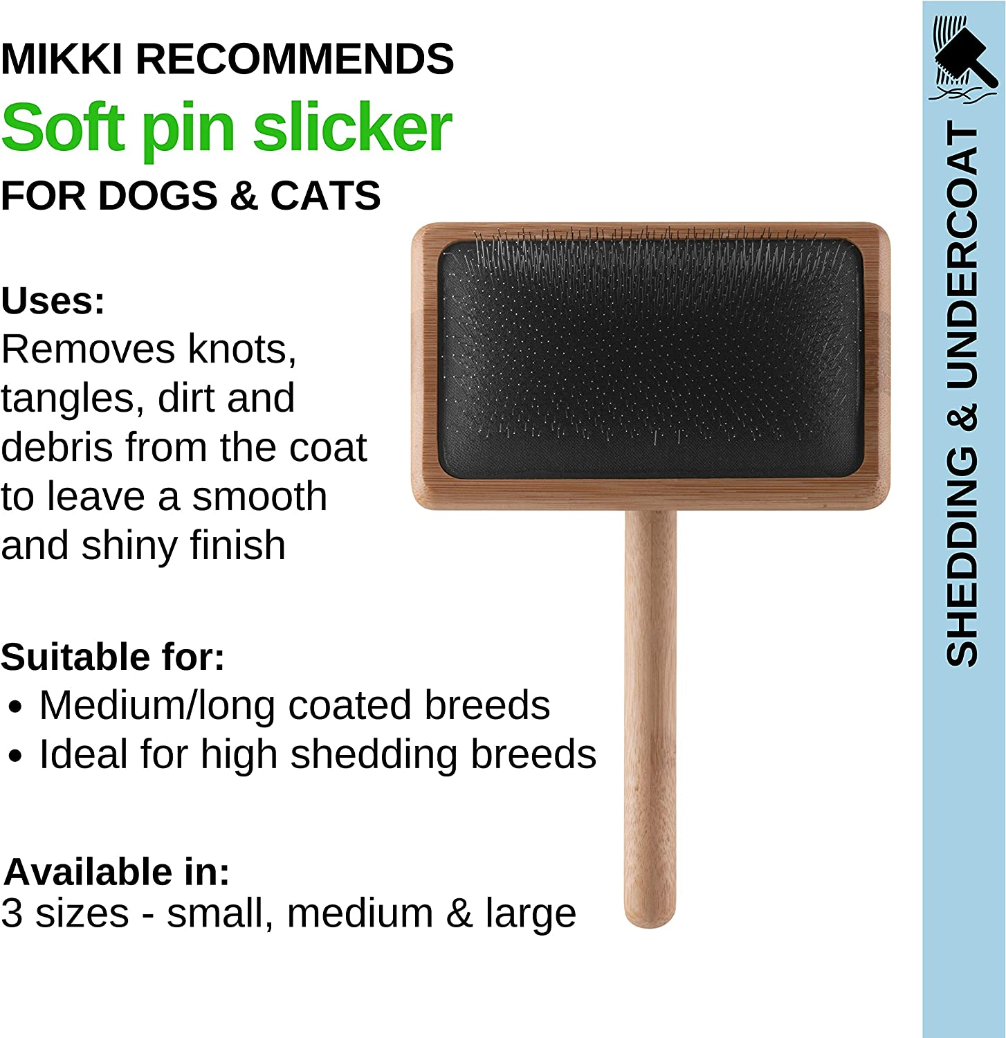 Mikki Bamboo Soft Pin Slicker Brush for Dog, Cat, Puppy, for Medium, Long and Curly Coats, Removes Knots, Tangles, Dead Hair, Handmade from Natural Bamboo, Medium image number 2