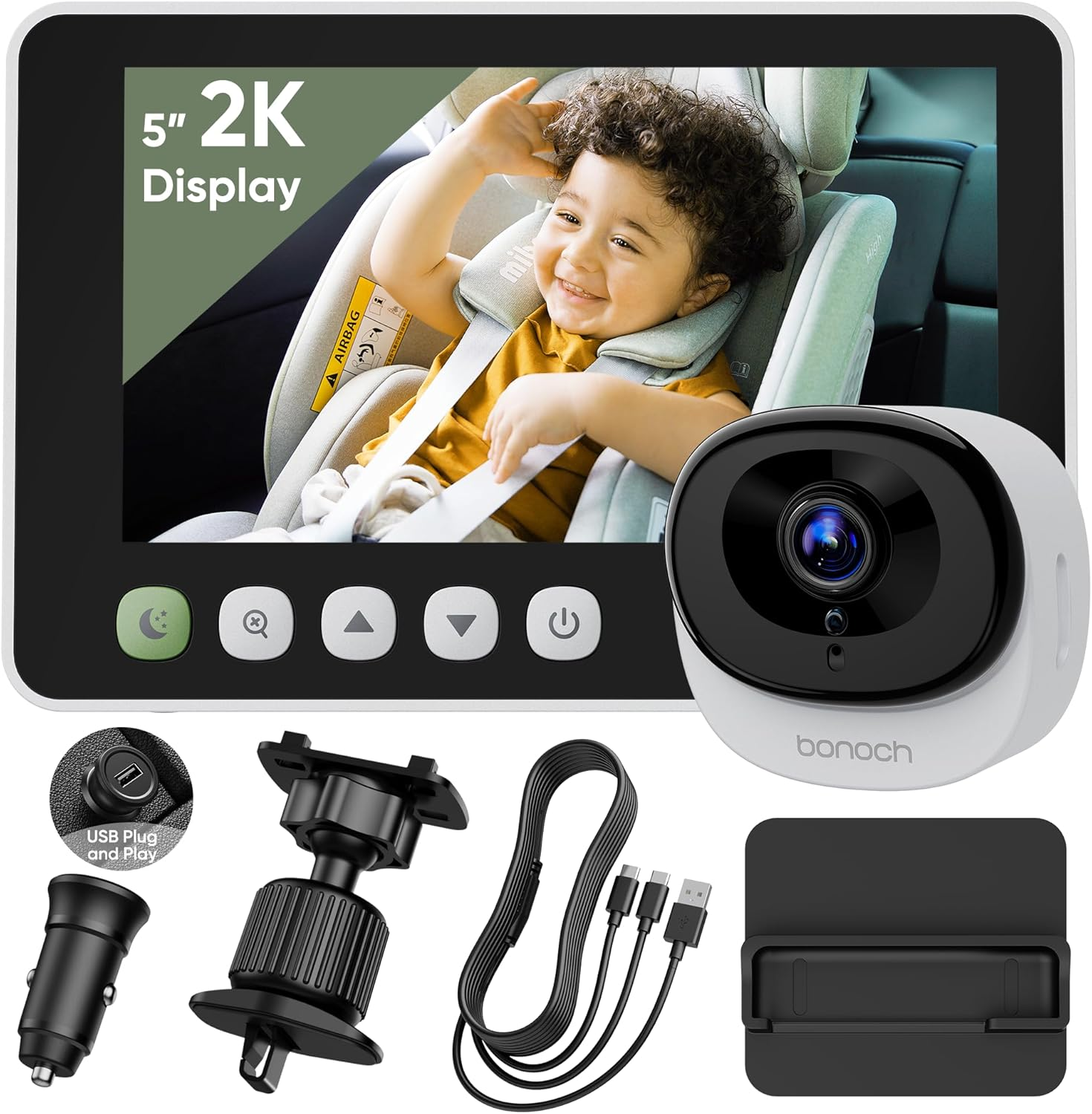 Bonoch 5'' 2K Baby Car Camera Backseat - 2025 Upgrade 360 Degree Rotating Wide View USB Powered Baby Car Monitor with Car Charger, Easy Setup Car Seat Camera for Baby Rear Facing with Night Vision image number 2