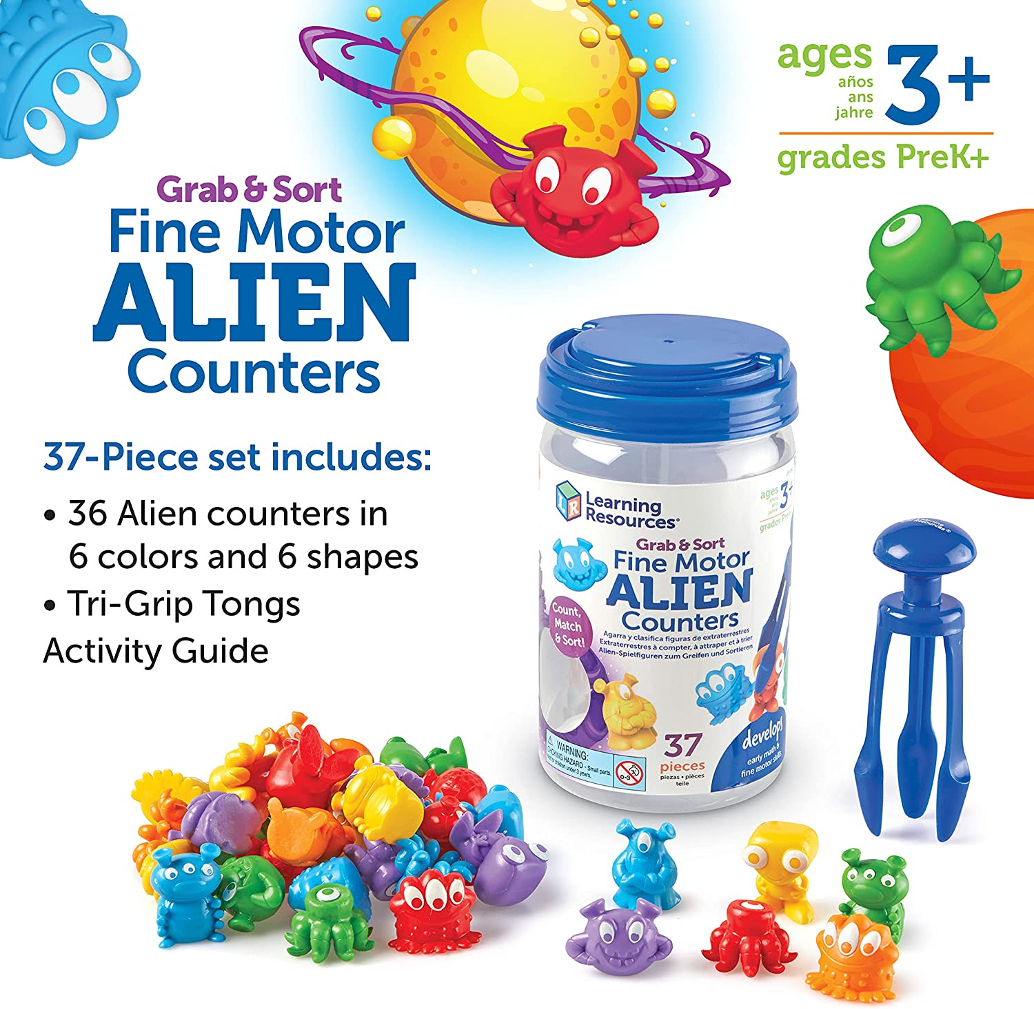 Learning Resources Grab & Sort Fine Motor Alien Counters, STEM Toys for Kids, Space D&eacute;cor, Preschool Fine Motor Skills, Prek Manipulatives, 37 Pieces, Age 3+, Multicolor