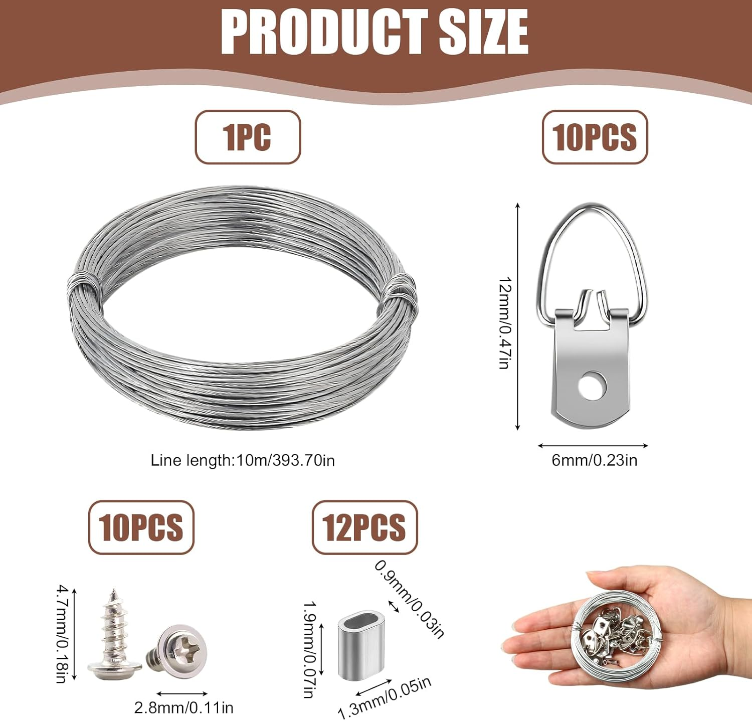 Stainless Steel Picture Hanging Kit, 10M Heavy Duty Wire Rope 10 D-Ring Hangers 10 Screws 10 Aluminum Crimping Sleeves, Wall Hanging Kit for Photo Clock Frame Mirror Artwork Light Lamp Billboards image number 5