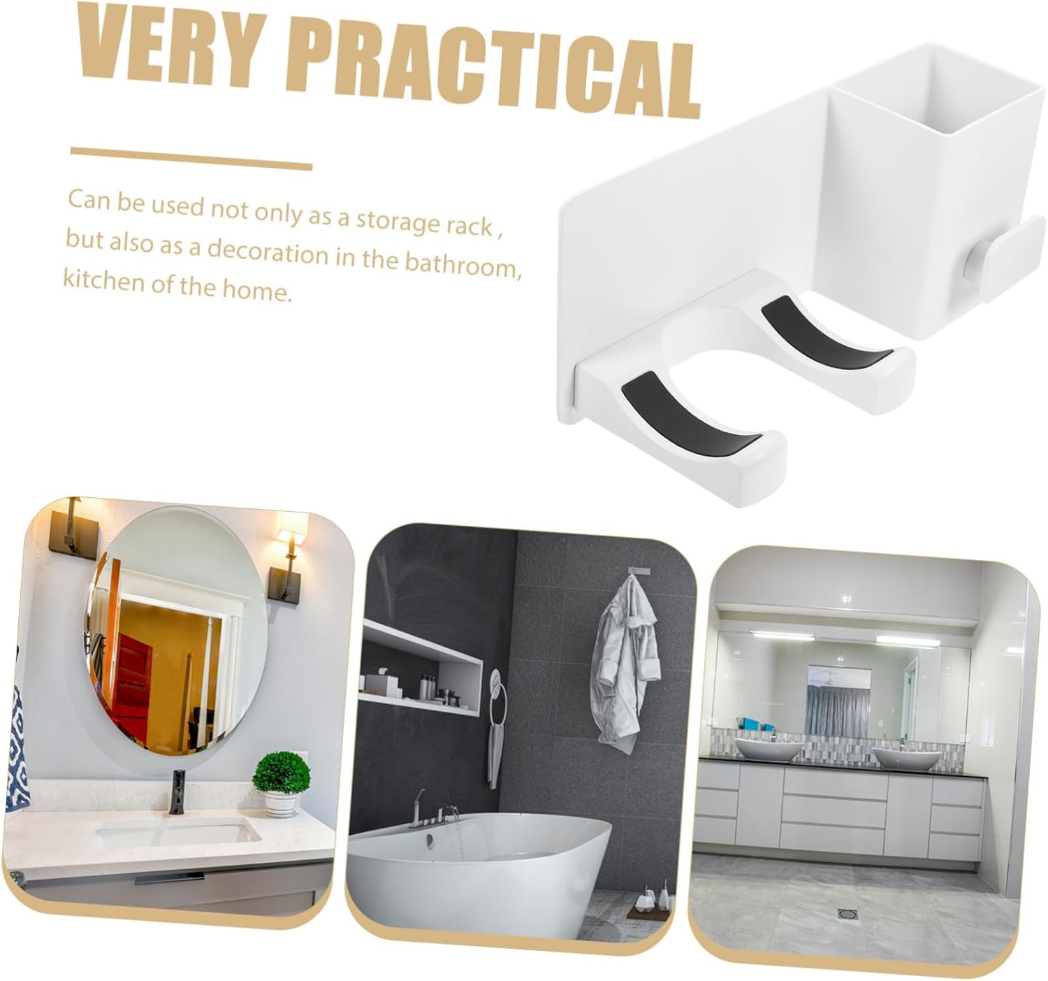 SHOWERORO Hair Dryer Wall Mount Holder with Storage Shelf, Adhesive No-Drill Bathroom Hair Tool Organizer Rack, White Space-Saving Blow Dryer Hook for Home Use