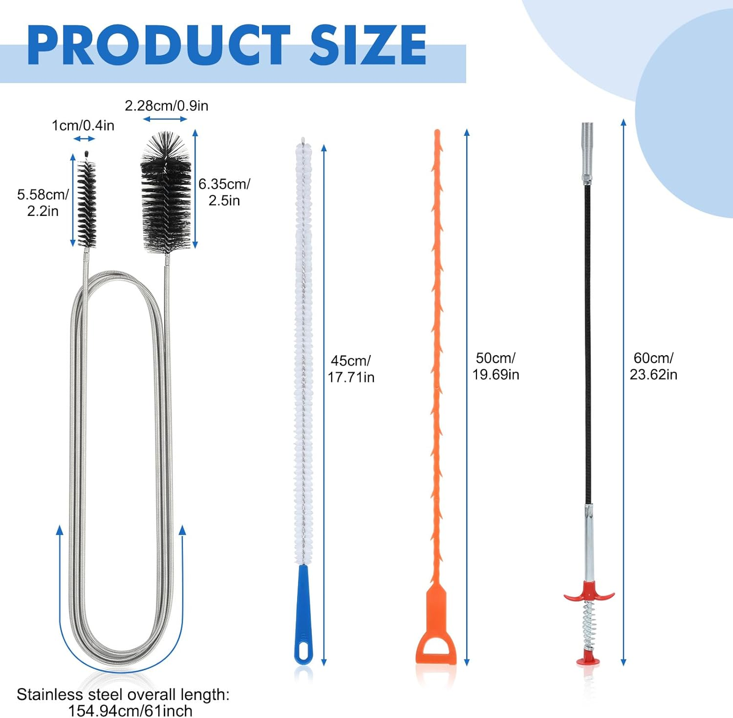 Cozary Pack of 4 Drain Cleaner Spiral, Double Head Pipe Cleaning Brush, Stainless Steel Duct Cleaner, with Pipe Cleaner, Drain Brush and Flexible, Drain Brush, for Drain in Kitchen and Shower image number 6