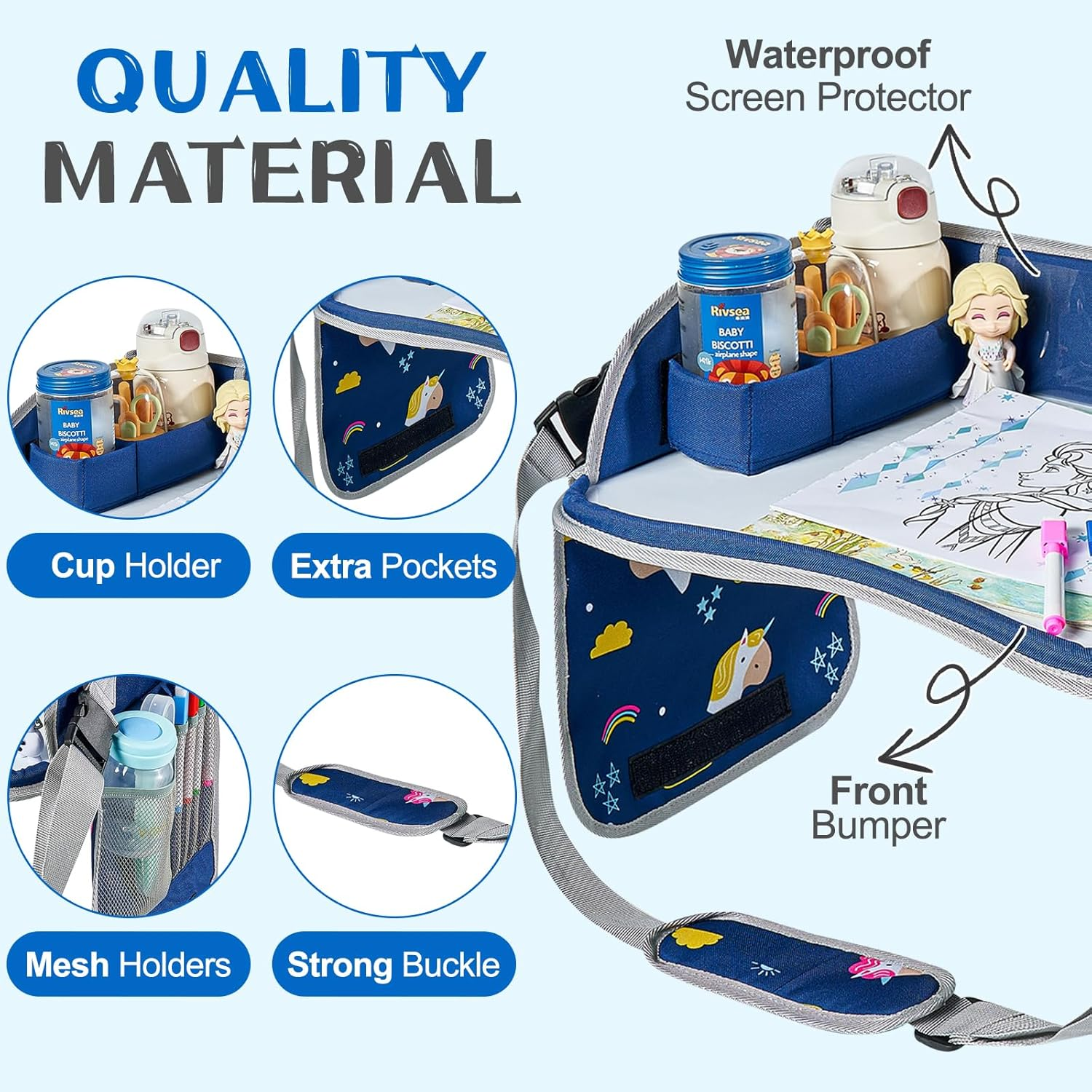 Kids Travel Tray, Car Seat Play Tray for Toddler, Auto Backseat Table Holder Tray for Kids Roadtrip Essentials, Adjustable Portable Children Car Desk Organizer (Blue) image number 2