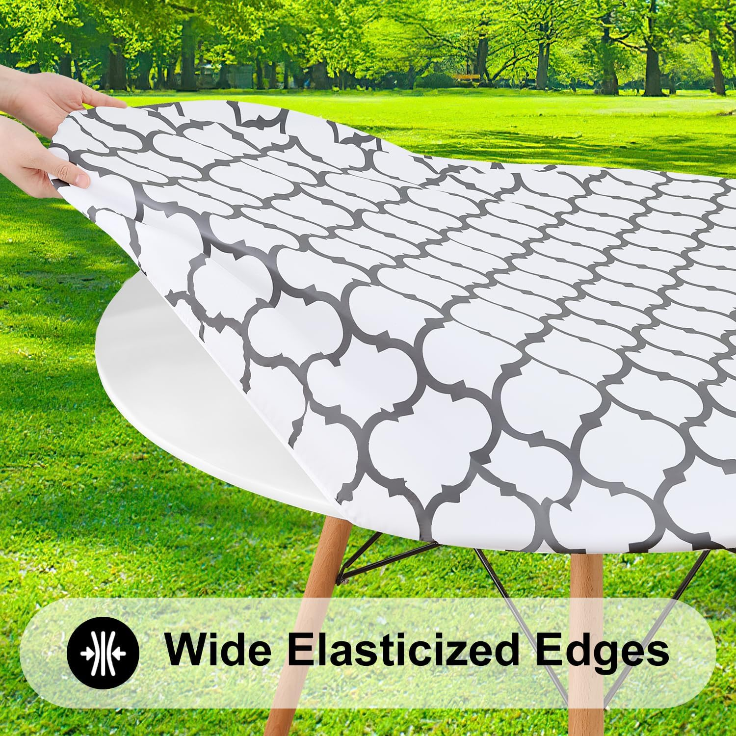 Smiry round Picnic Tablecloth, Waterproof Elastic Fitted Table Covers for 36" - 44" Tables, Wipeable Flannel Backed Vinyl Tablecloths for Camping, Indoor, Outdoor, White