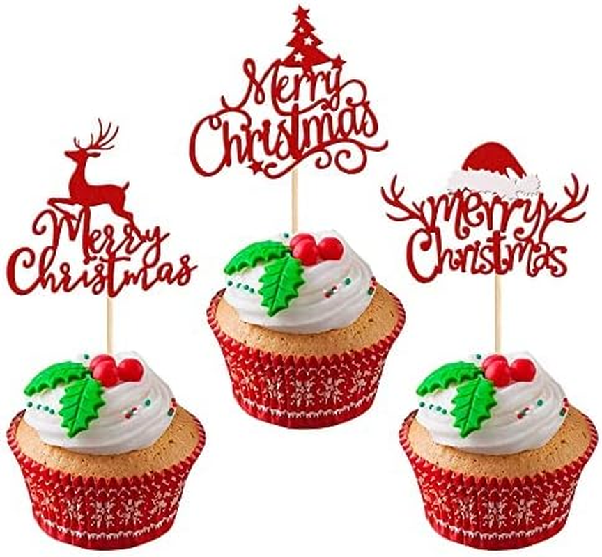 24 Pack Merry Christmas Cupcake Toppers Glitter Xmas Tree Santa Hat Deer Christmas Cupcake Picks Decoration for Winter Christmas Theme Xmas Holiday Birthday Party Supplies Red image number 6