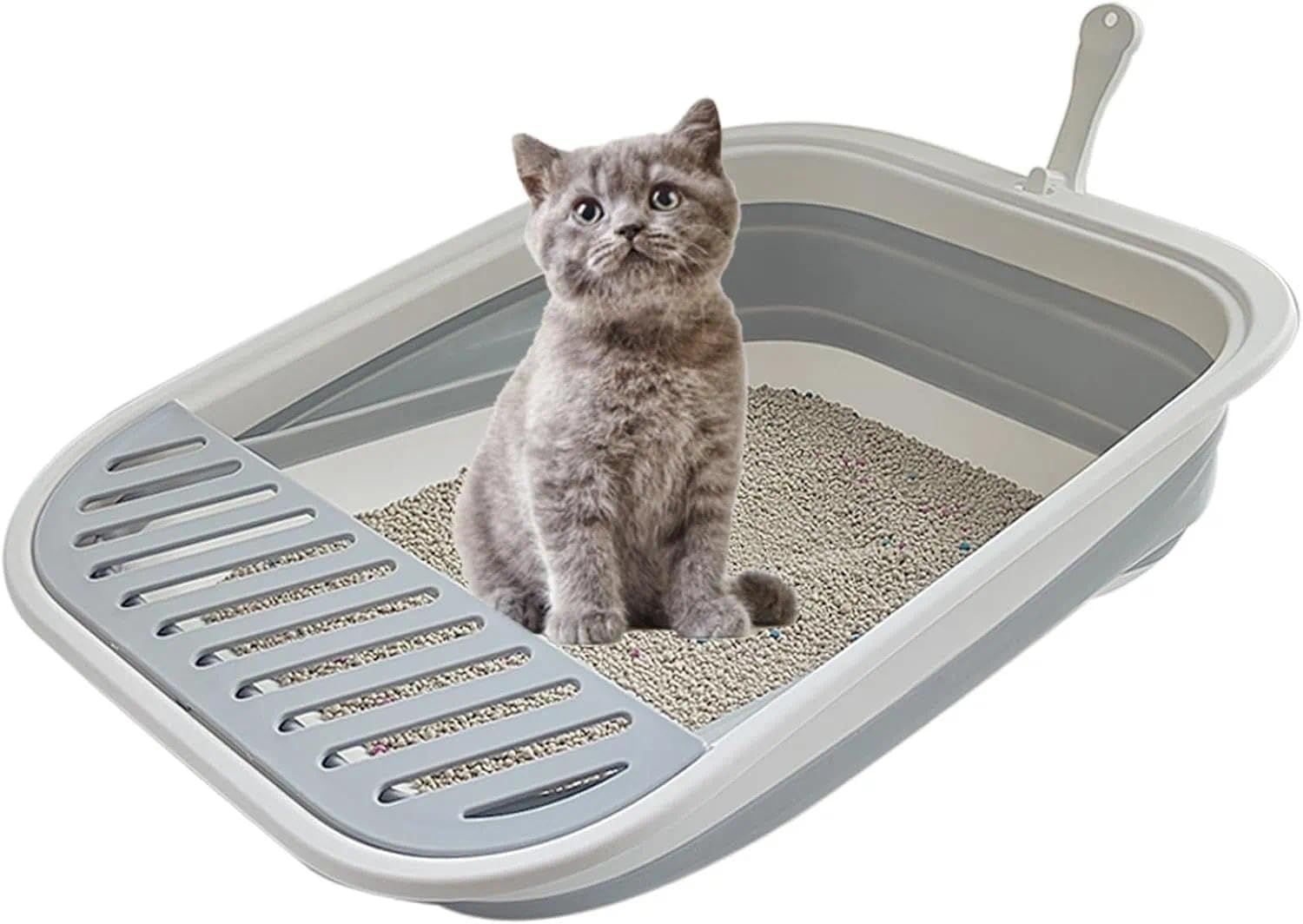 CRFY Collapsible Kitten Litter Box, 17.7 X 13.4 X 5 Inch Open Cat Potty Pan with Scoop Foldable Shallow Cat Toilet Anti-Splashing Low Entrance Travel Litter Box with Falling Sand Pedal Grey