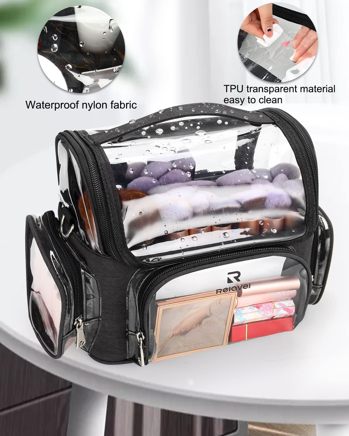 Relavel Makeup Brush Case, Large Makeup Brush Holder Professional Makeup Artist Travel Case Clear Waterproof Cosmetic Organizer Bag, Full Open Easy to Access, with Adjustable Strap and Dividers, Black image number 5