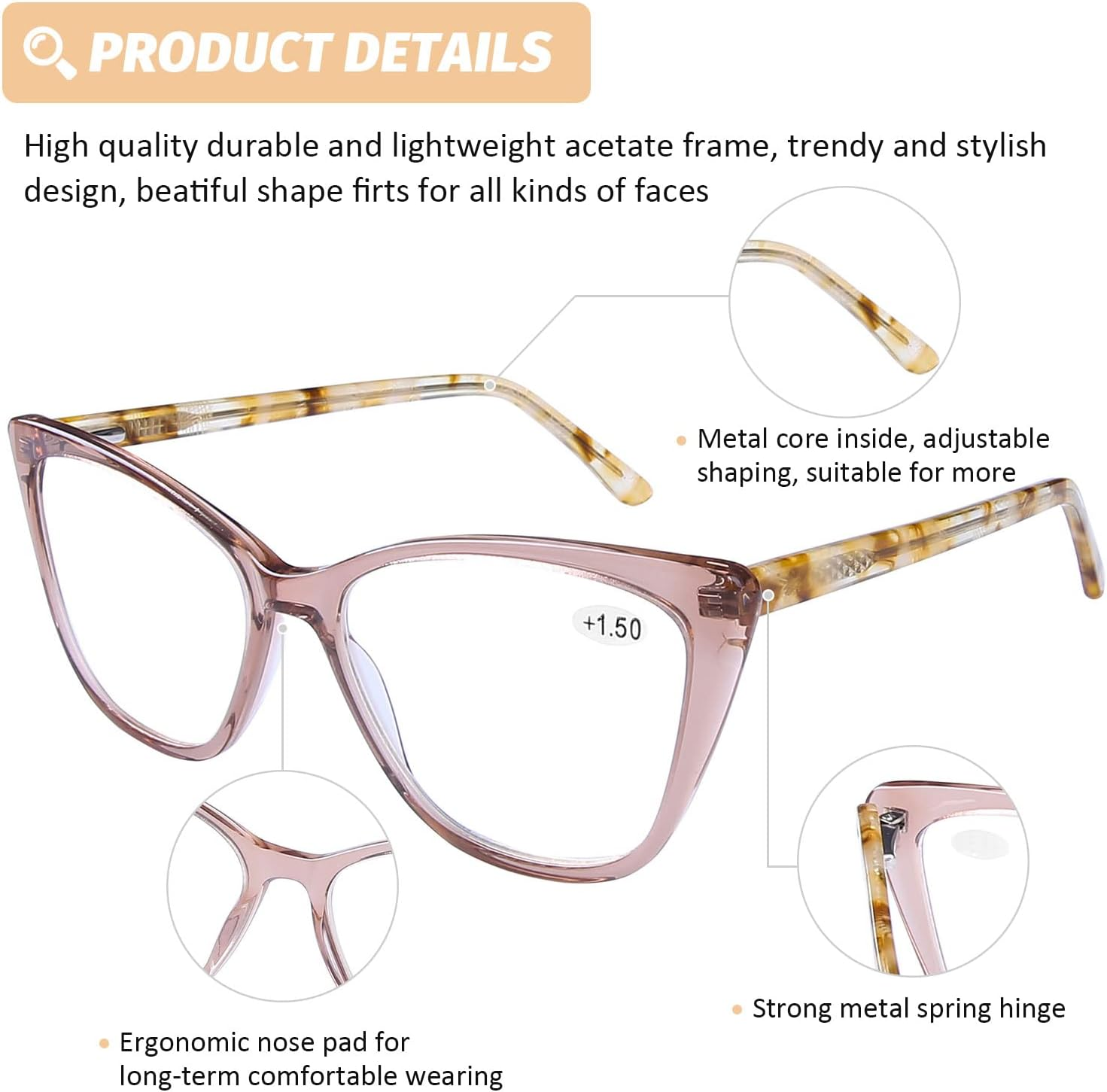 Doovic Computer Reading Glasses Blue Light Blocking anti Eyestrain Fashion Cat Eye Spring Hinge Readers for Women 2.0 Strength image number 2