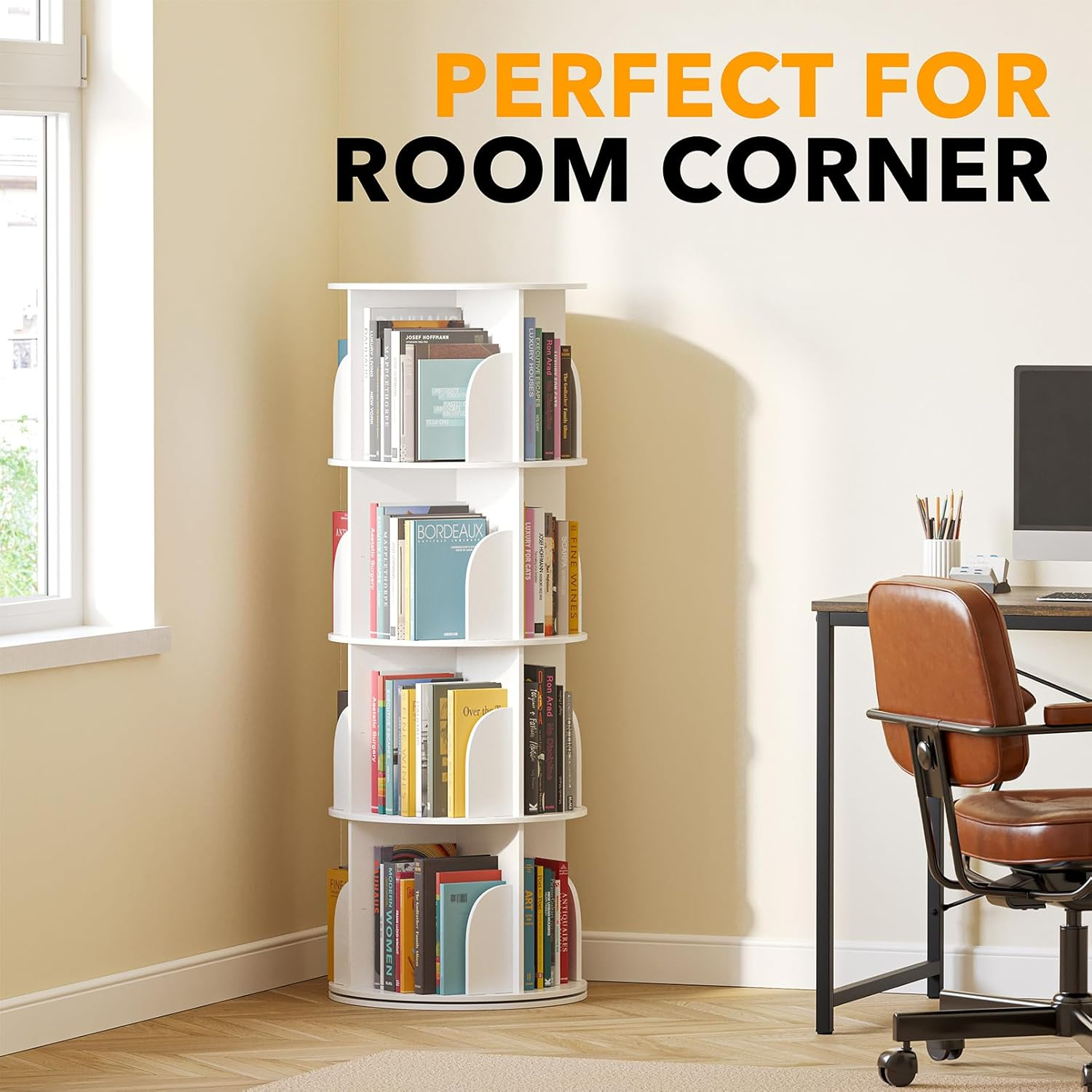 Spaceaid 4 Tier Rotating Bookshelf Tower, Spinning Bookcase Lazy Susan, Revolving 360 Book Shelf Storage round Carousel, Vertical Rotate Turning Spiral Corner Organizer, White image number 1
