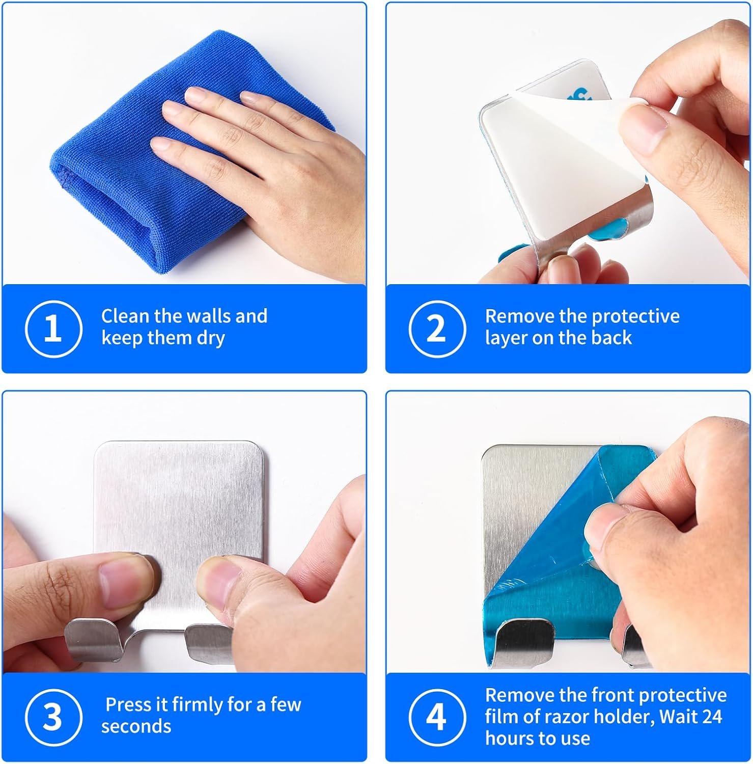 4Pcs Razor Holder, Shaver Hook Hanger, Multipurpose Self Adhesive Double Hooks, Silver Black Stainless Steel Shower Hooks, for Bathroom and Kitchen Storage, Includes Loofah, Towel, Plug, Clothes image number 2