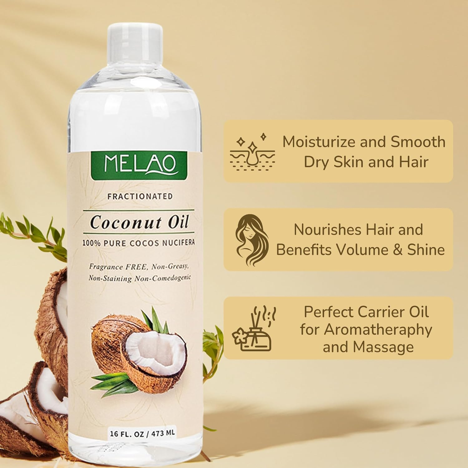 Fractionated Coconut Oil, 100% Pure & Natural - 16 Fl Oz Moisturizing Carrier Oil for Skin, Hair & Massage